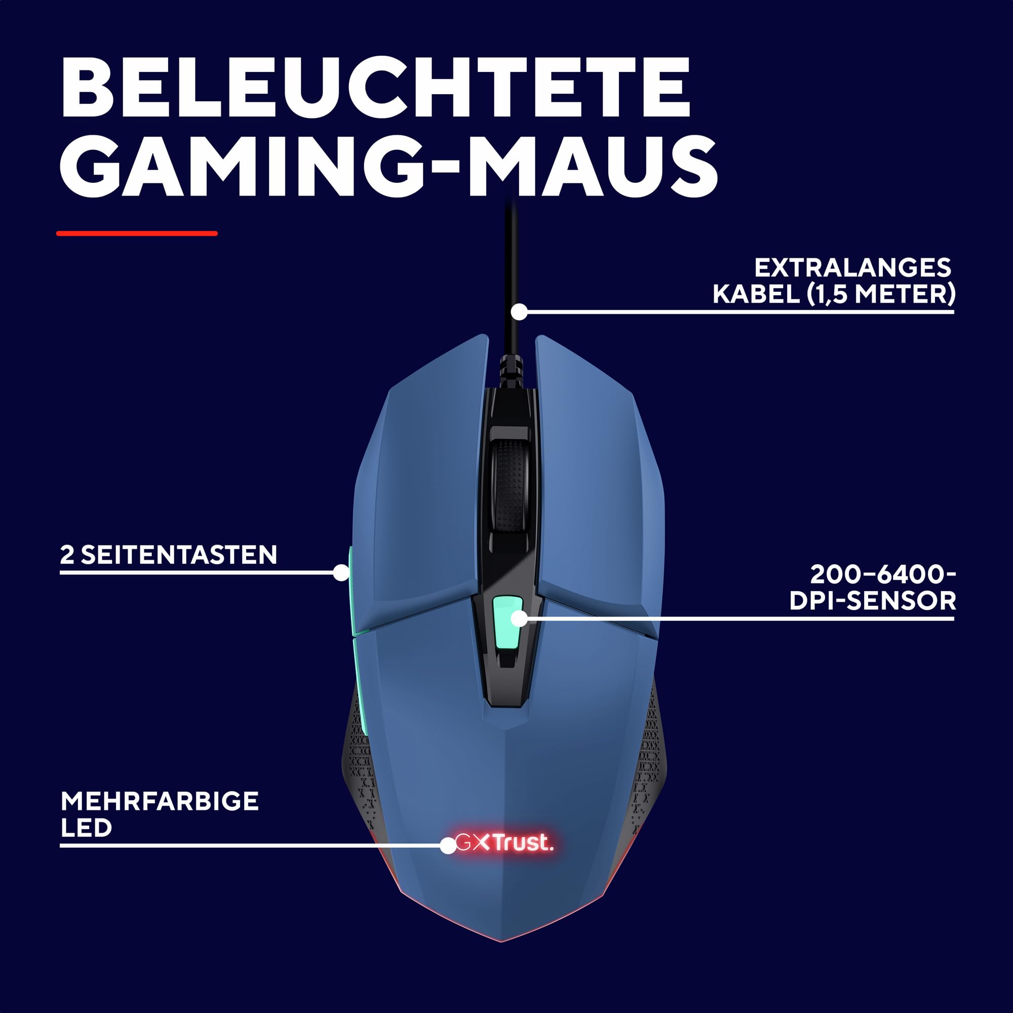 Trust Gaming GXT 109B Felox Gaming Mouse - 6 Programmable Buttons, RGB LED Lighting, 200-6400 DPI Adjustable, 150cm USB Cable, Built-in Software for PC/Laptop (Blue) - Perfect for FPS, MOBA & MMO Gaming