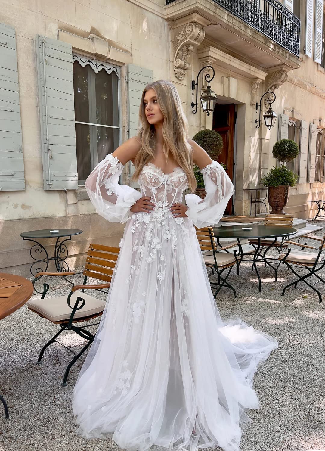 XYAYE Off Shoulder Lace Beach Wedding Dress - Elegant Tulle Bridal Gown with Long Sleeves & Thigh High Slit | Perfect for Beach Ceremonies, Destination Weddings & Boho Bridal Photoshoots