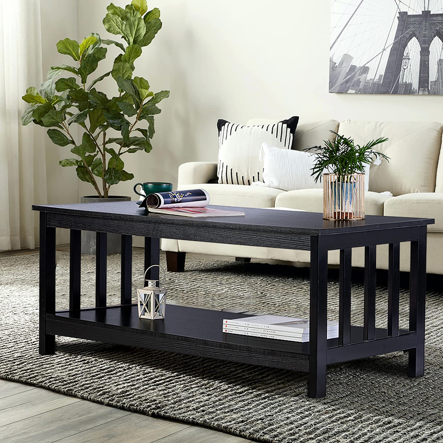 ChooChoo Mission Coffee Table - 40 Inch Black Wood Living Room Table with Shelf | Stylish & Functional Centerpiece for Small Spaces, Apartments, and Modern Home Decor