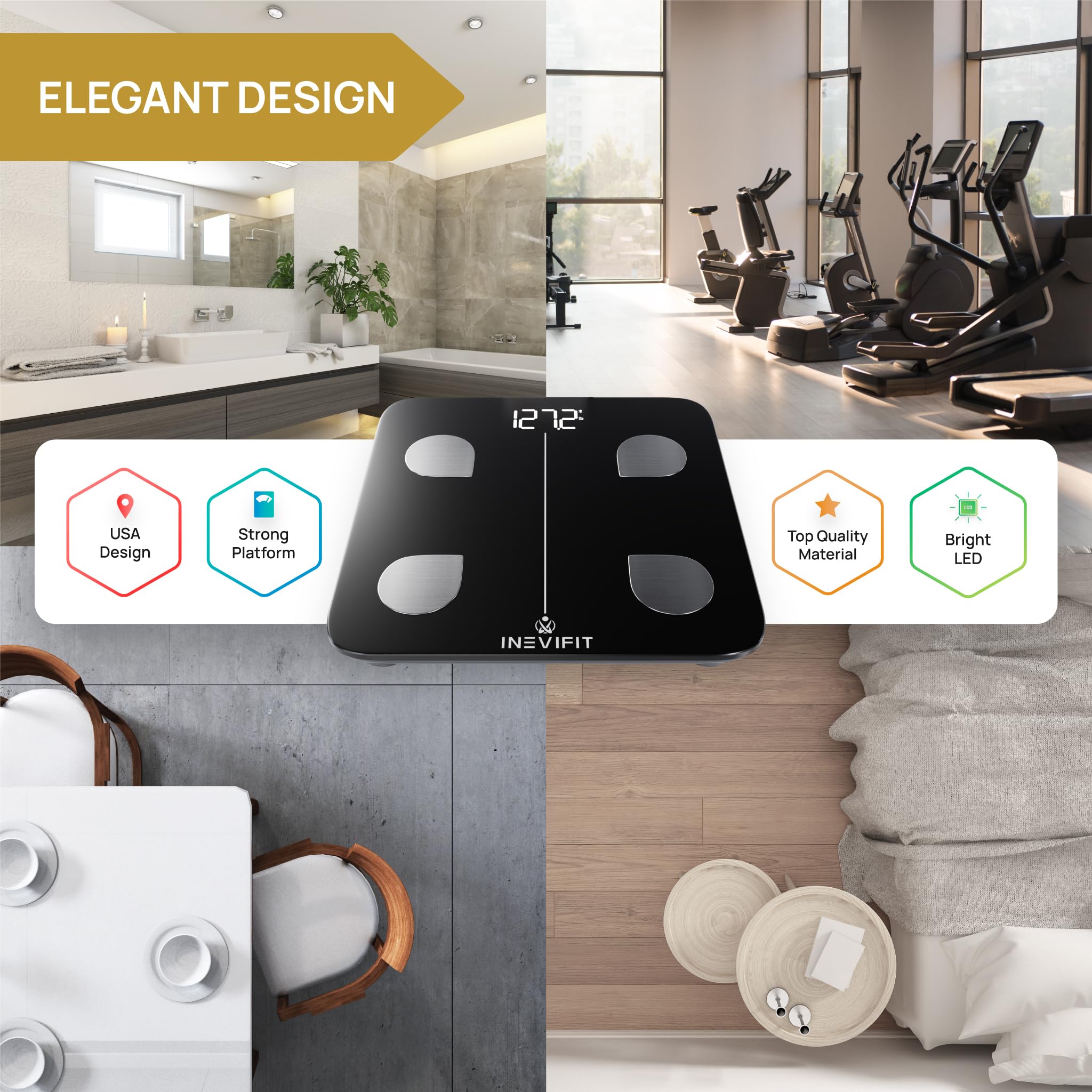 INEVIFIT Smart Bluetooth Body Fat Scale - Highly Accurate Digital Bathroom Weight Scale with BMI, Body Composition Analyzer for Fat, Water, Muscle & Bone Mass - Unlimited Users - Perfect for Home Gym, Fitness Tracking & Health Monitoring