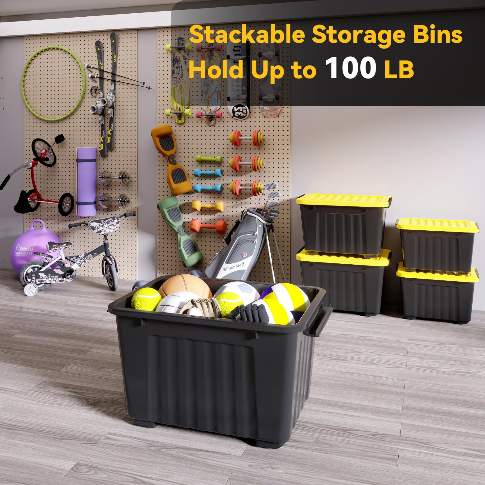 Nazhura 97 Quart Plastic Storage Bin - Stackable & Nestable Storage Boxes with Secure Latching Buckles, Large Organizer Container for Home, Garage & Office (Black/Yellow, 4-Pack) - Perfect for Seasonal Decor, Toys, Clothes & Household Organization