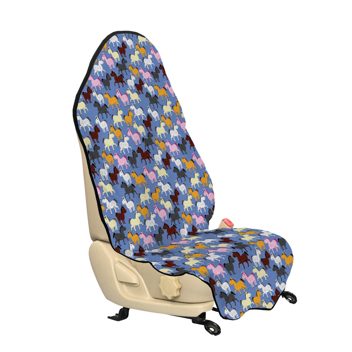 Ambesonne Cartoon Car Seat Hoodie - Colorful Funny Horses Pony Zoo Animals Unicorn Theme Art - Universal Fit Non-Slip Car Seat Cover Protector 30