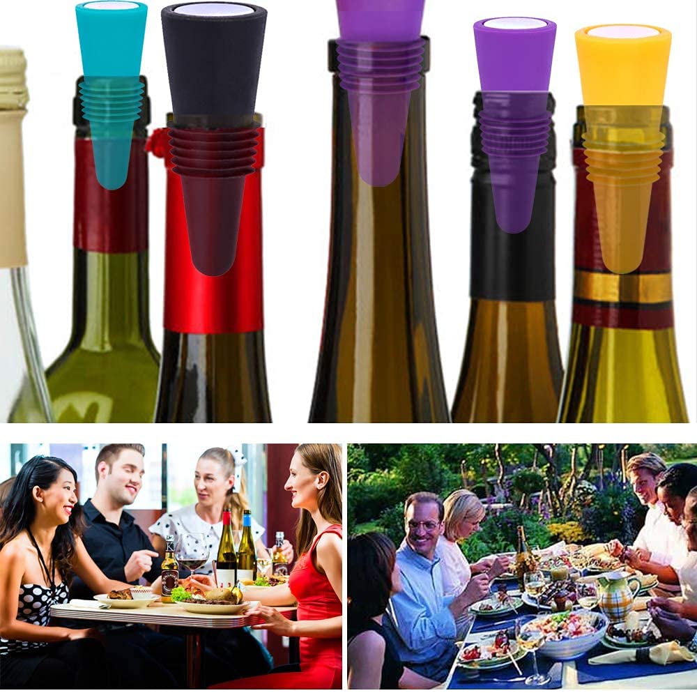 Premium Wine Stoppers Set of 4 - Colorful Silicone & Stainless Steel Bottle Stoppers for Wine, Champagne and Beverages - Airtight Seal for Freshness - Perfect for Home Bars, Parties and Gifts