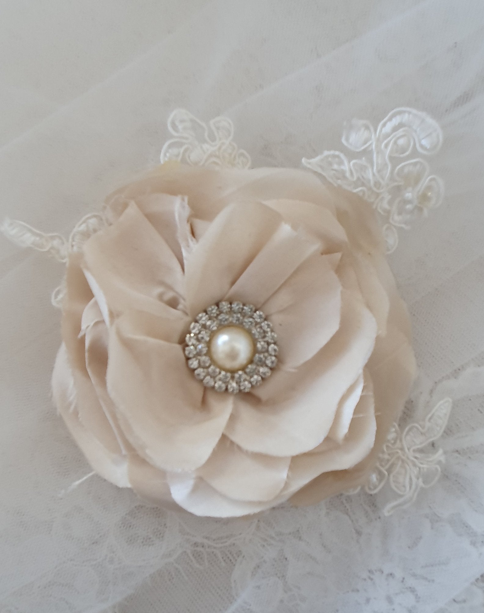 Handmade Latte Silk Flower Bridal Headpiece with Lace Trim - Flora by Kezani | Perfect for Weddings, Bridal Showers & Boho Bridal Looks