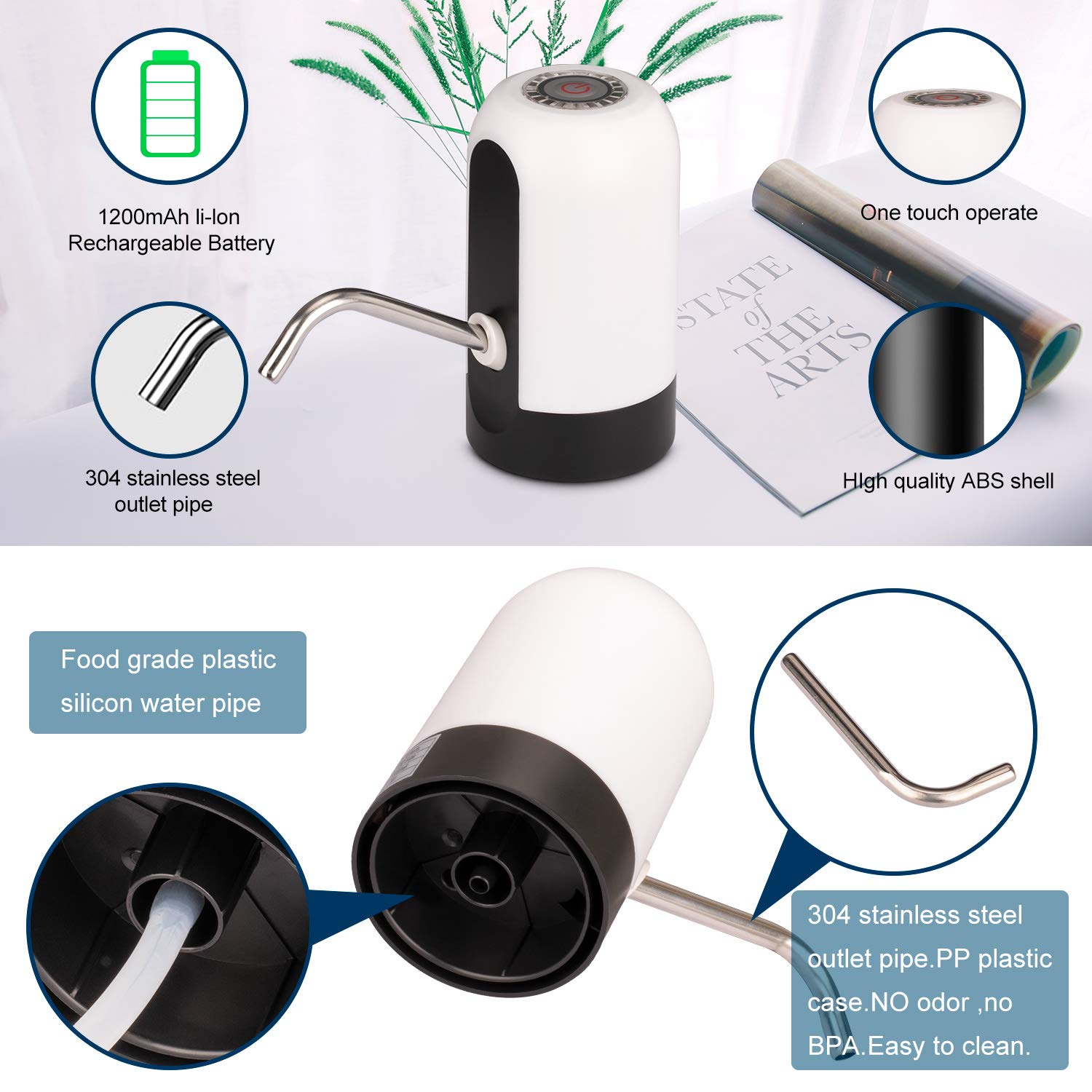 5 Gallon Rechargeable Water Bottle Pump Dispenser - One Button Operation with Replaceable Suction & Outlet Pipe - Perfect for Home, Office, Camping & Emergency Water Supply