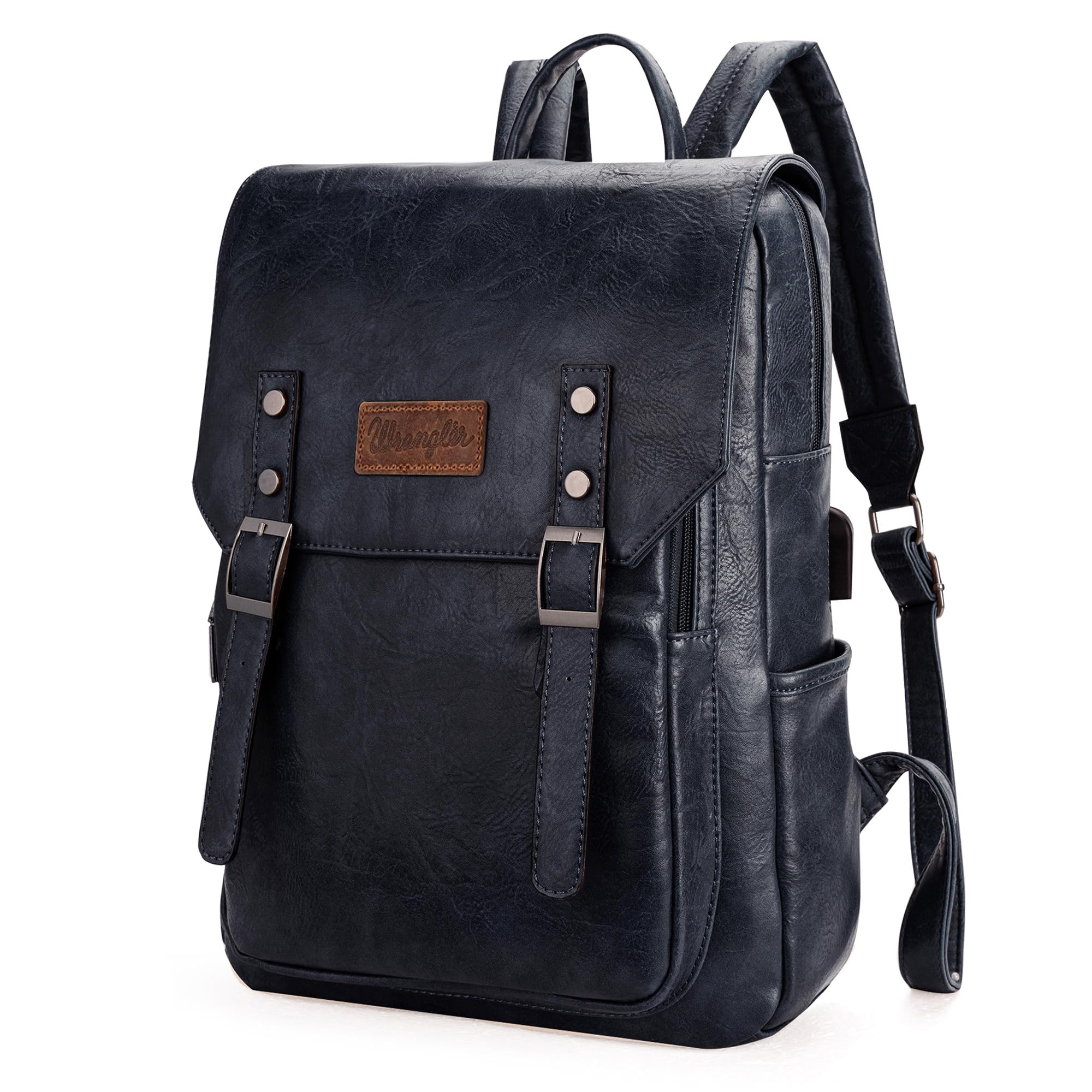 Wrangler Vegan Leather Laptop Backpack for Women & Men - Navy Blue College & Travel Backpack for Work, School, Commuting & Outdoor Adventures