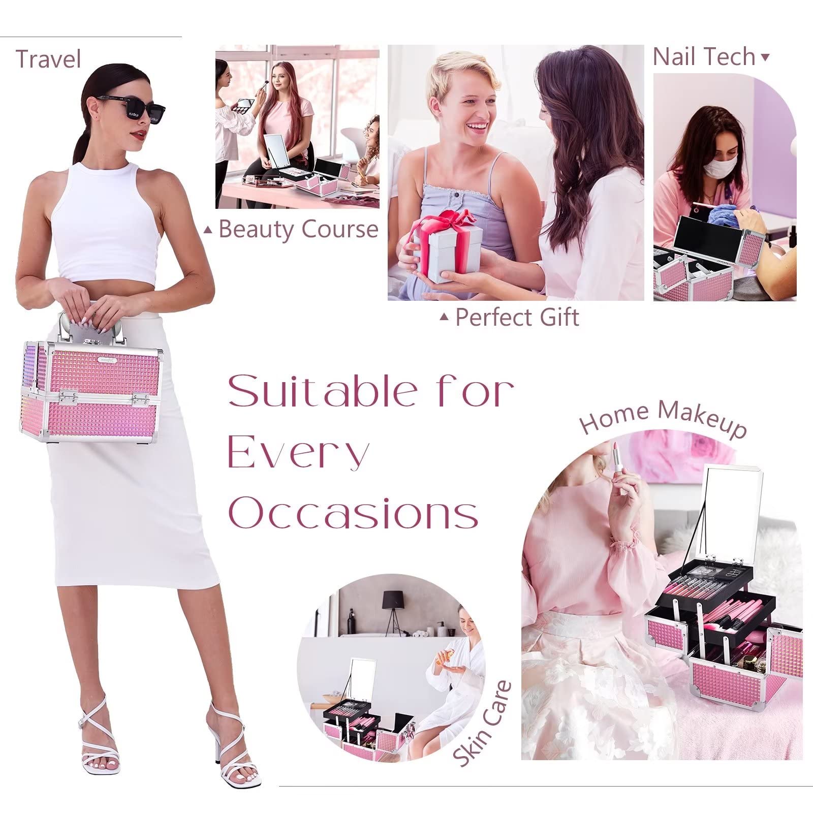 Professional Makeup Train Case with Mirror & Lock - Portable Cosmetic Organizer Box for Cosmetologists, Aestheticians & Nail Techs - 2-Tier Storage with Travel Handle - Mermaid Pink - Perfect for Salon, Travel & Makeup Artist Kits