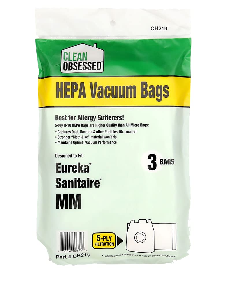 Clean Obsessed H-10 HEPA Filter Bags Type MM - Compatible with Eureka Mighty Mite & Sanitaire Vacuum Models - 3 Pack Washable Cloth HEPA Bags for Dust Mite & Allergen Removal - Perfect for Allergy Sufferers & Pet Owners