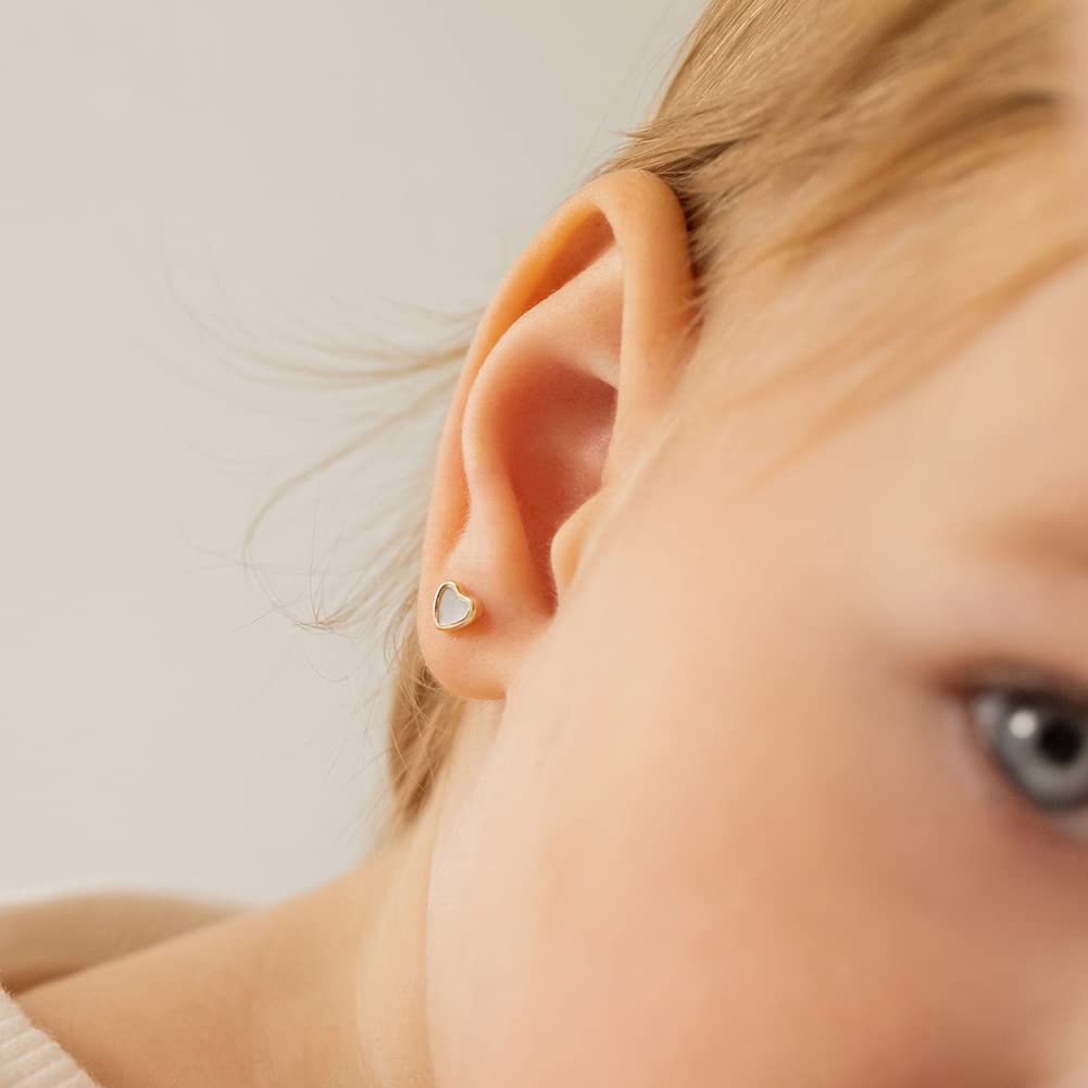 14K Yellow Gold Mother of Pearl Heart Stud Earrings for Girls - Small Screw Back Earrings for Baby Girls & Toddlers - Dainty Pearl Heart Jewelry for Kids | Birthday Gifts, Christening, First Communion & Special Occasions