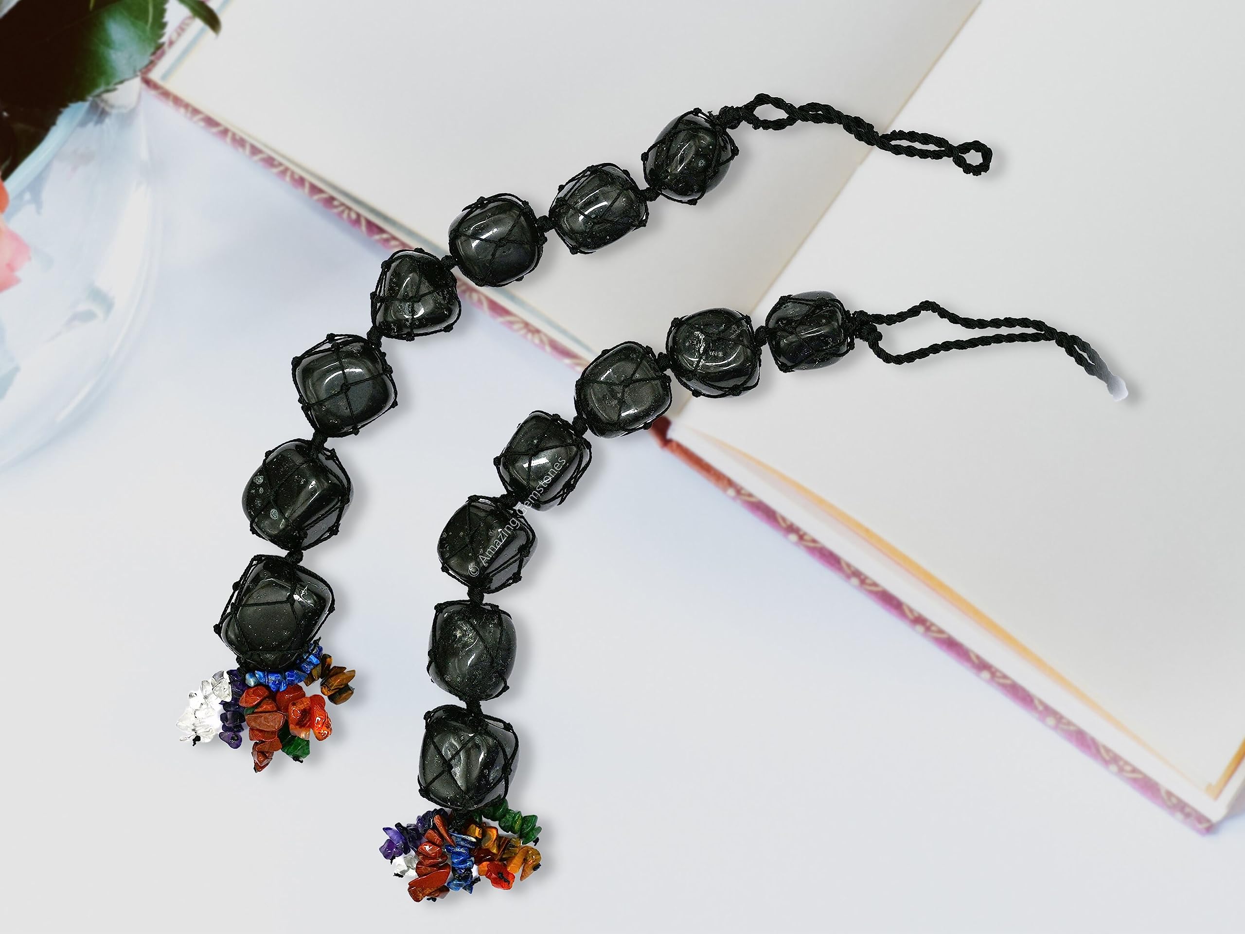 Black Tourmaline Crystal Car Mirror Hanging Ornament - Feng Shui Healing Stone & Rearview Mirror Decor - Car Protection Charm & Dream Catcher for Positive Energy & Safe Driving