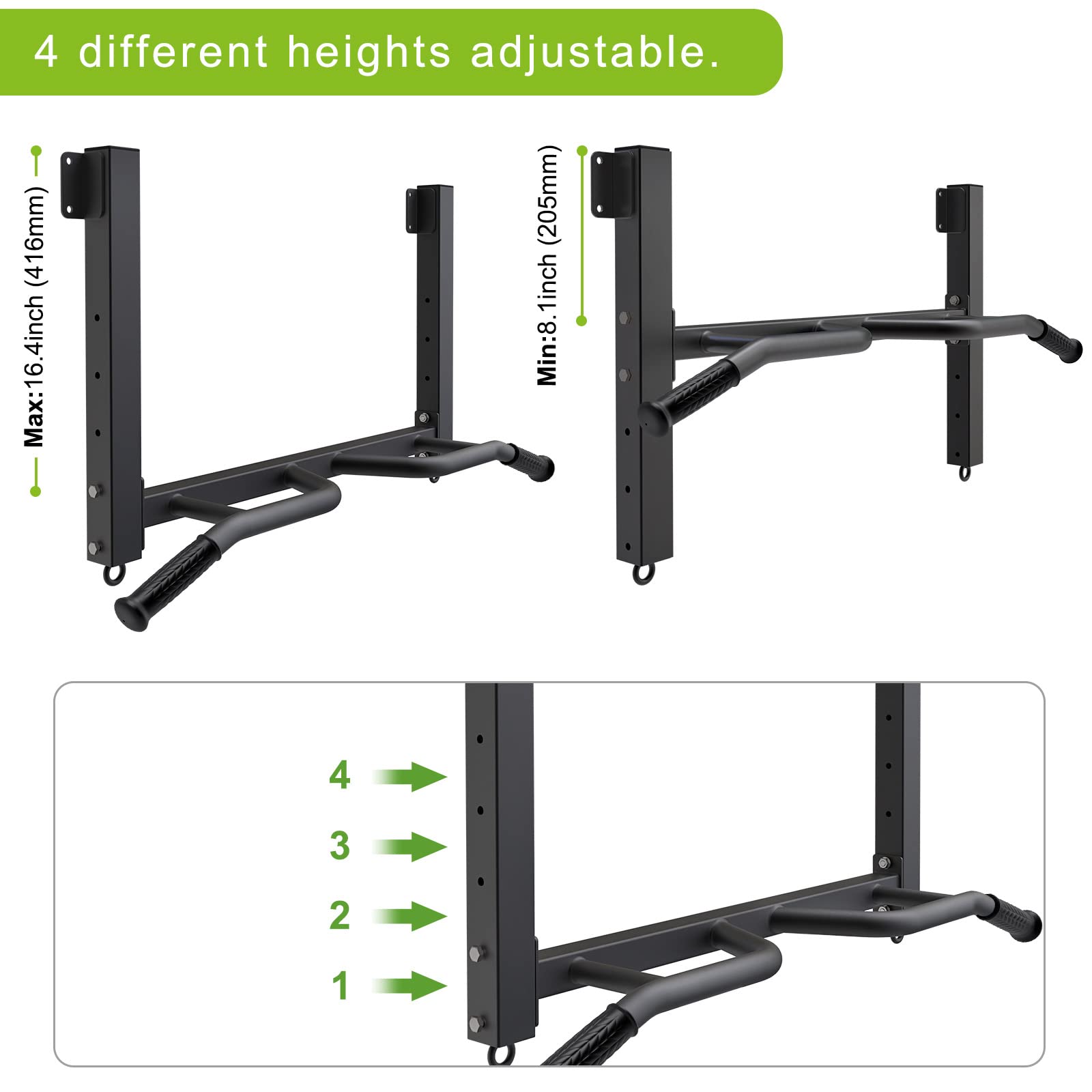 Kipika Adjustable Height Pull Up Bar for Home Gym, 4-Level Multi-Angle Grip Chin Up Bar, Joist Mounted Strength Training Equipment - Perfect for Doorway, Garage & Indoor Workouts