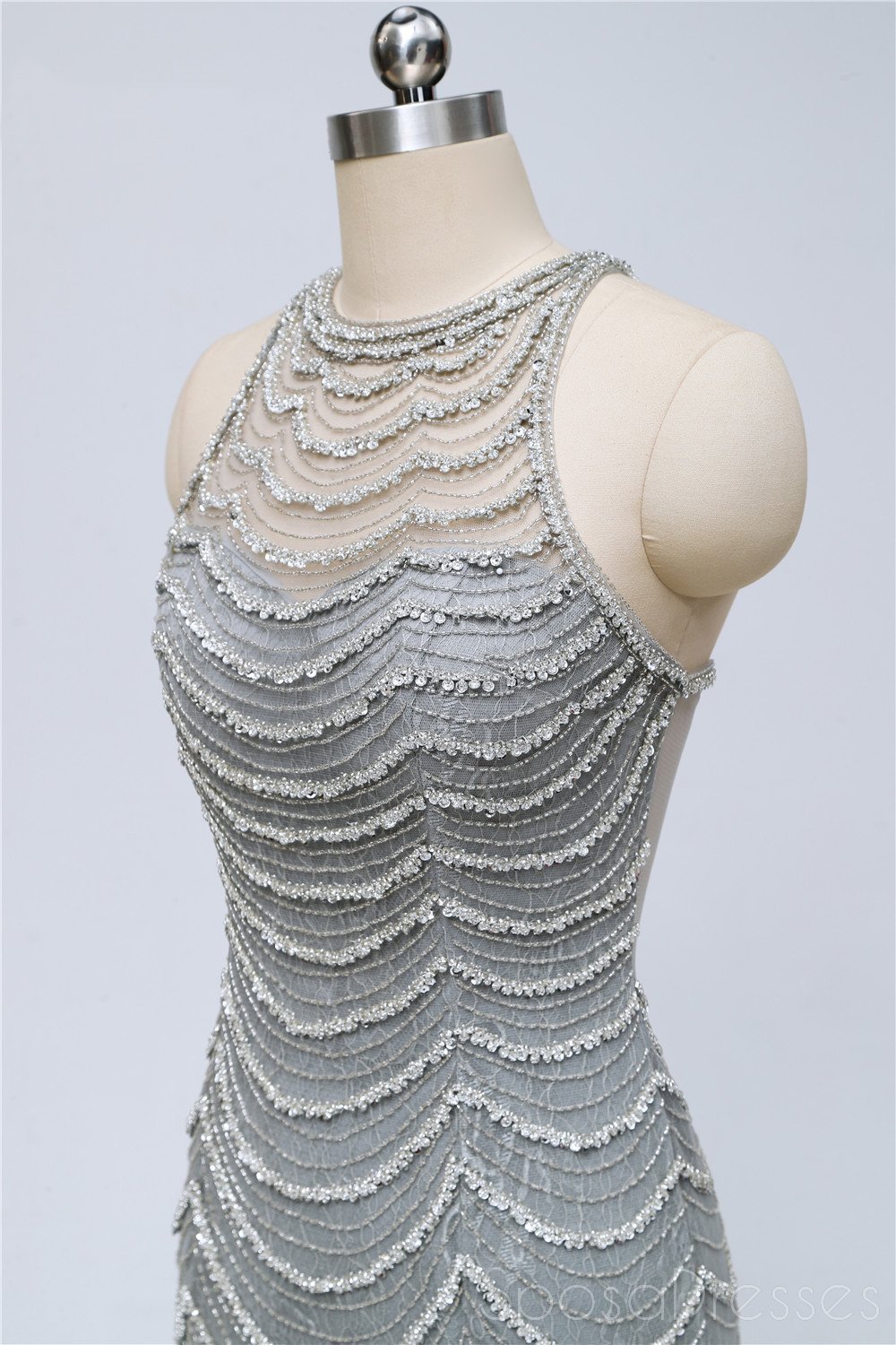 Elegant Grey Lace Beaded Mermaid Prom Dress - Long Evening Gown for Sweet 16, Homecoming & Formal Events | Style 18347 | Perfect for Prom Night, Quinceañera & Special Occasions