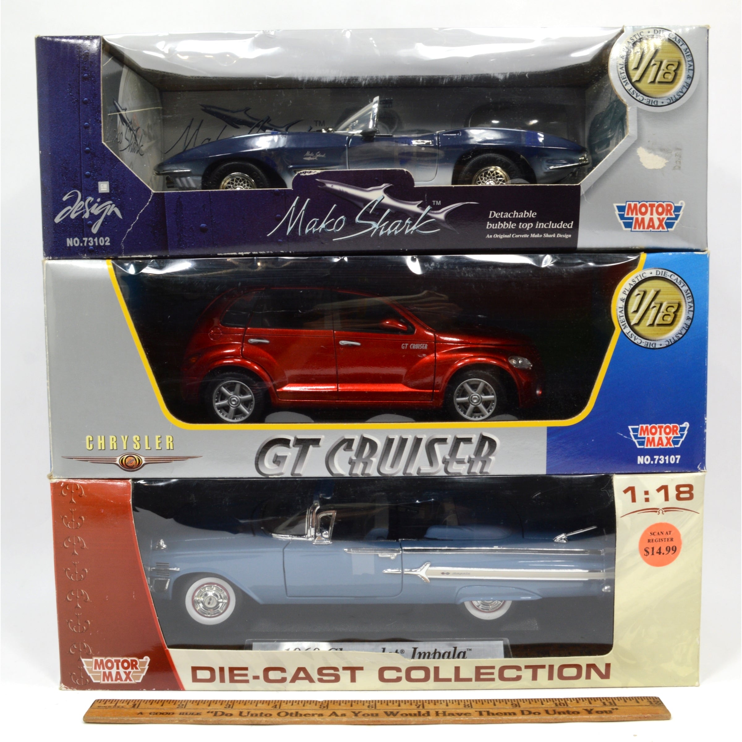 3-Pack MOTOR MAX Diecast Cars 1:18 Scale - '61 Mako Shark & '60 Impala GT Cruiser - Collectible Model Cars for Display & Racing Enthusiasts