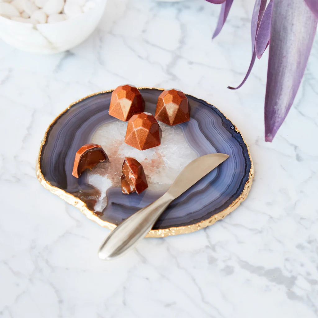 Elegant Ita Cheese Plate & Forma Spreader Set - Smoke Agate & Silver Cheese Board with Knife - Perfect for Wine Parties, Charcuterie Boards & Gourmet Entertaining