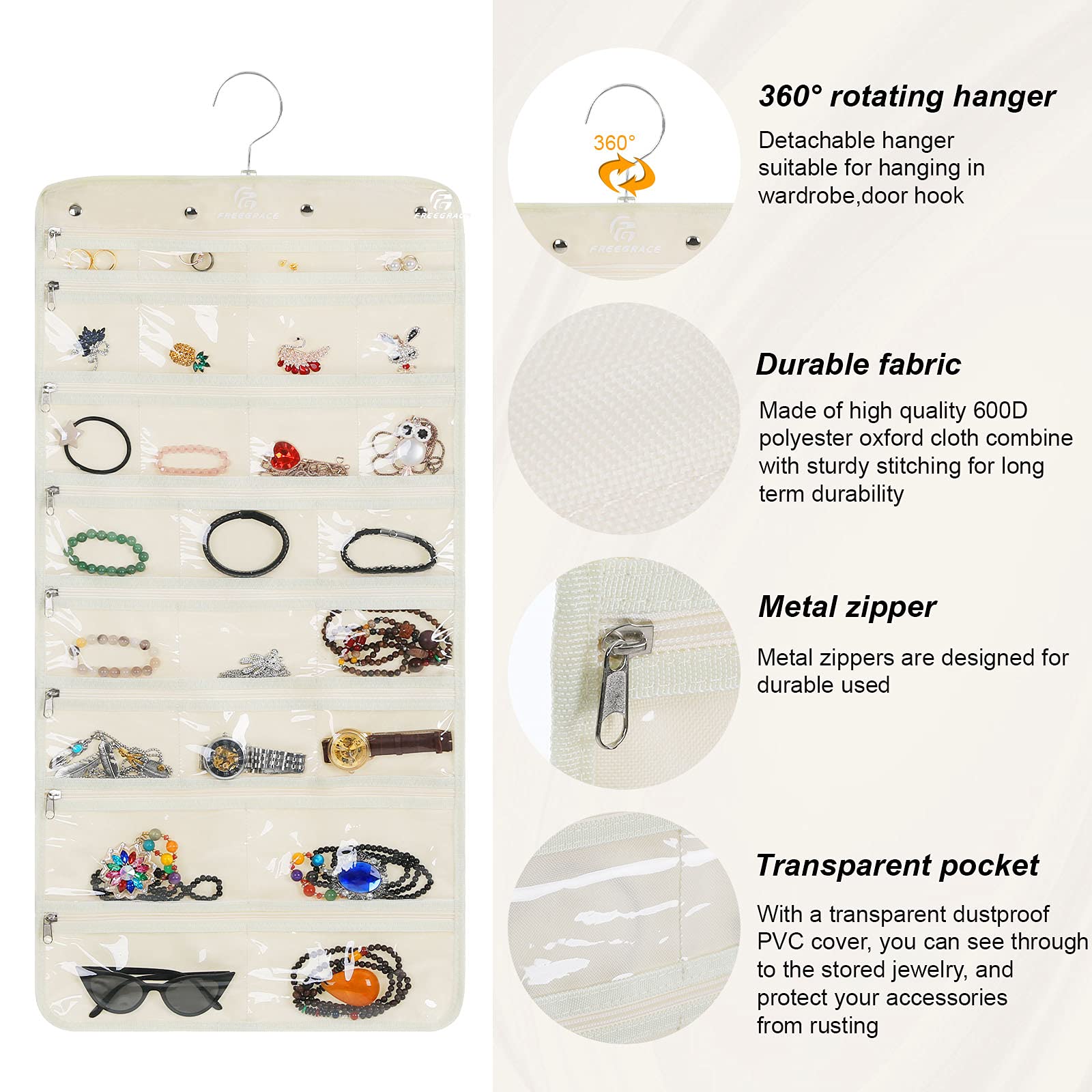 Revolving Jewelry Organizer Hanger with 50 Pockets - Foldable Storage & Display Solution with Secure Zipper Closure - Perfect for Necklaces, Earrings & Bracelets - Ideal for Bedroom, Closet & Travel (Beige)