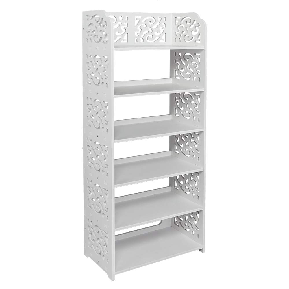 Waterproof Wood-Plastic Shoe Rack - 6-Tier Stackable Shoe Cabinet with Hollow Floral Design - Freestanding Shoe Organizer for Dorm, Living Room & Entryway - White Storage Shelf for Shoes & Home Decor