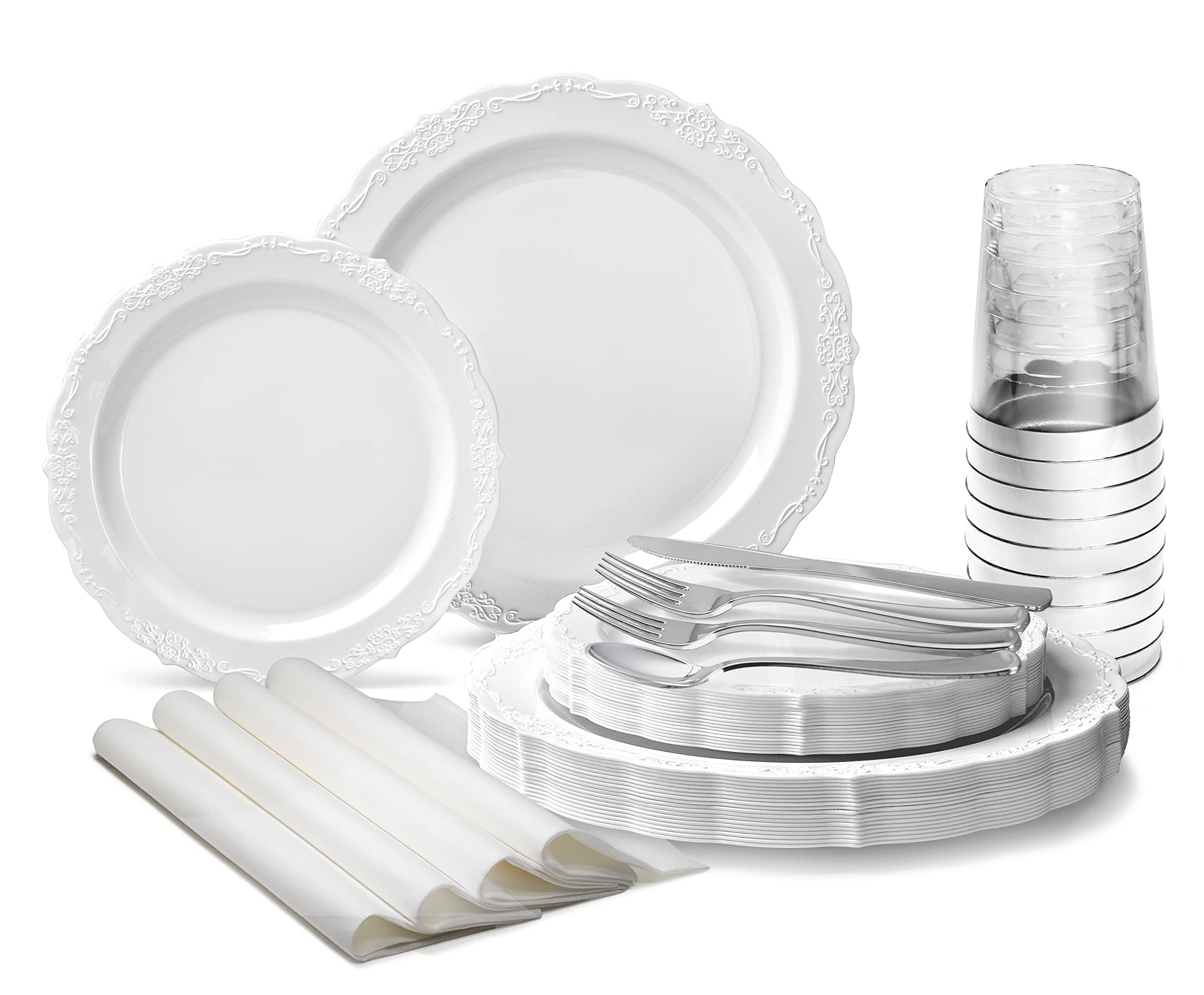 Vintage Wedding Party Disposable Plastic Plates & Cutlery Set - 320 Pieces for 40 Guests (40x10'' Plates, 40x7.5'' Plates, Silverware, Cups, Napkins) - Verona White - Perfect for Weddings, Bridal Showers, Anniversaries & Formal Events