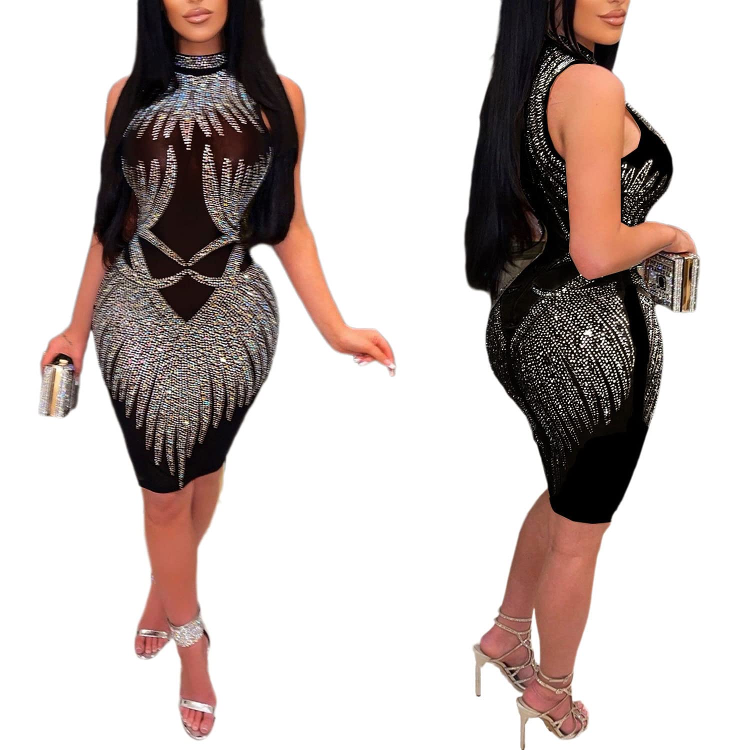 PORRCEY Women's Rhinestone Sleeveless Party Dress - Sexy Elegant Clubwear for Night Out, Evening Gown, Prom or Cocktail Party