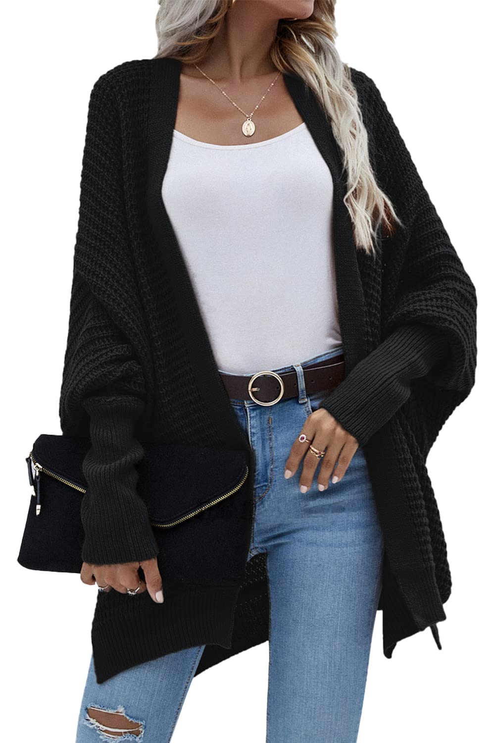 Bsicspace Women's Open Front Cardigan Sweater - Waffle Knit Lightweight Oversized Soft Outerwear for Casual & Dressy Wear | Perfect for Layering, Office, Date Night & Cozy Evenings