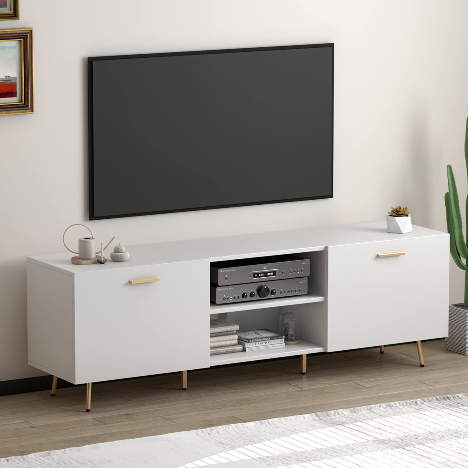 Homsee 75 Inch Modern TV Stand with 2 Doors & 2 Open Shelves - Gold Metal Legs Entertainment Center Console Table for Living Room & Bedroom - White (69”L x 15.6”W x 22.4”H) - Perfect for Home Theater Setup & Stylish Living Space Organization