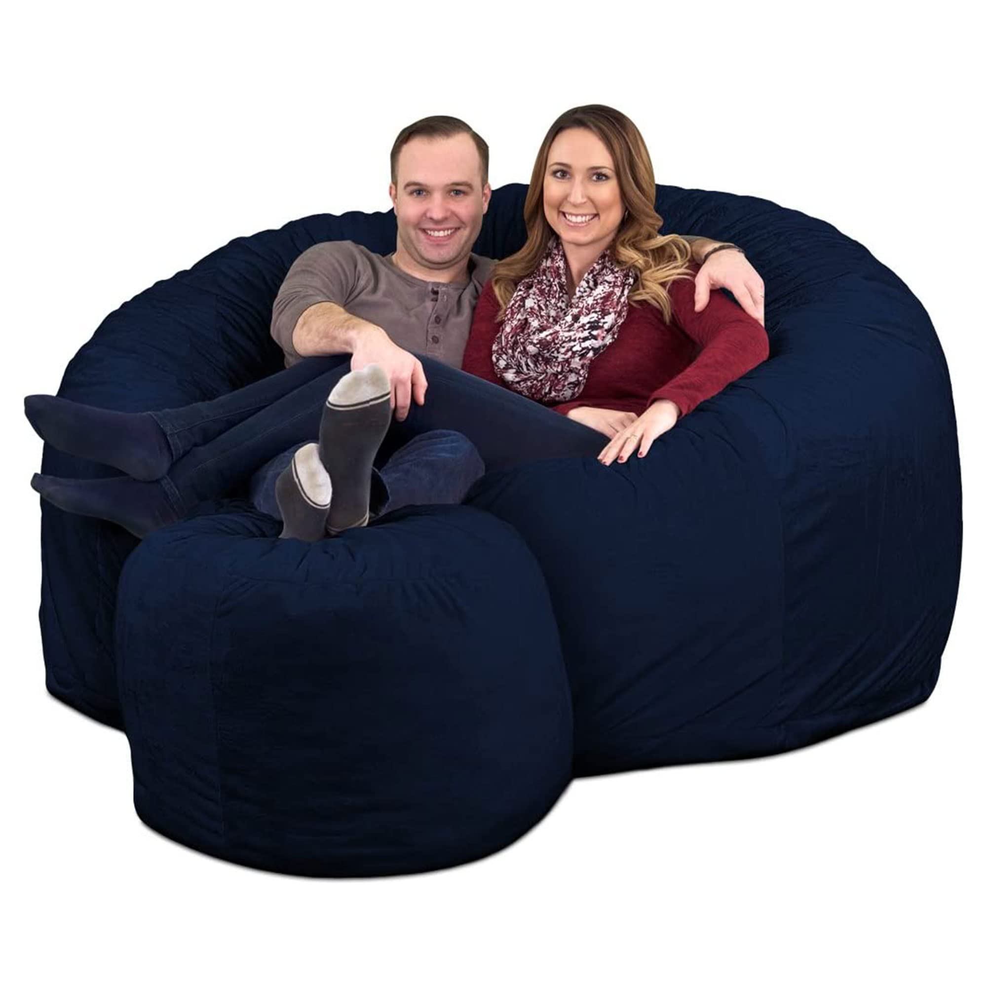 ULTIMATE SACK 6ft Oversized Bean Bag Chair with Footstool - Navy Suede Lounge Furniture for Adults | Perfect for Living Room, Game Room & Dorm Relaxation
