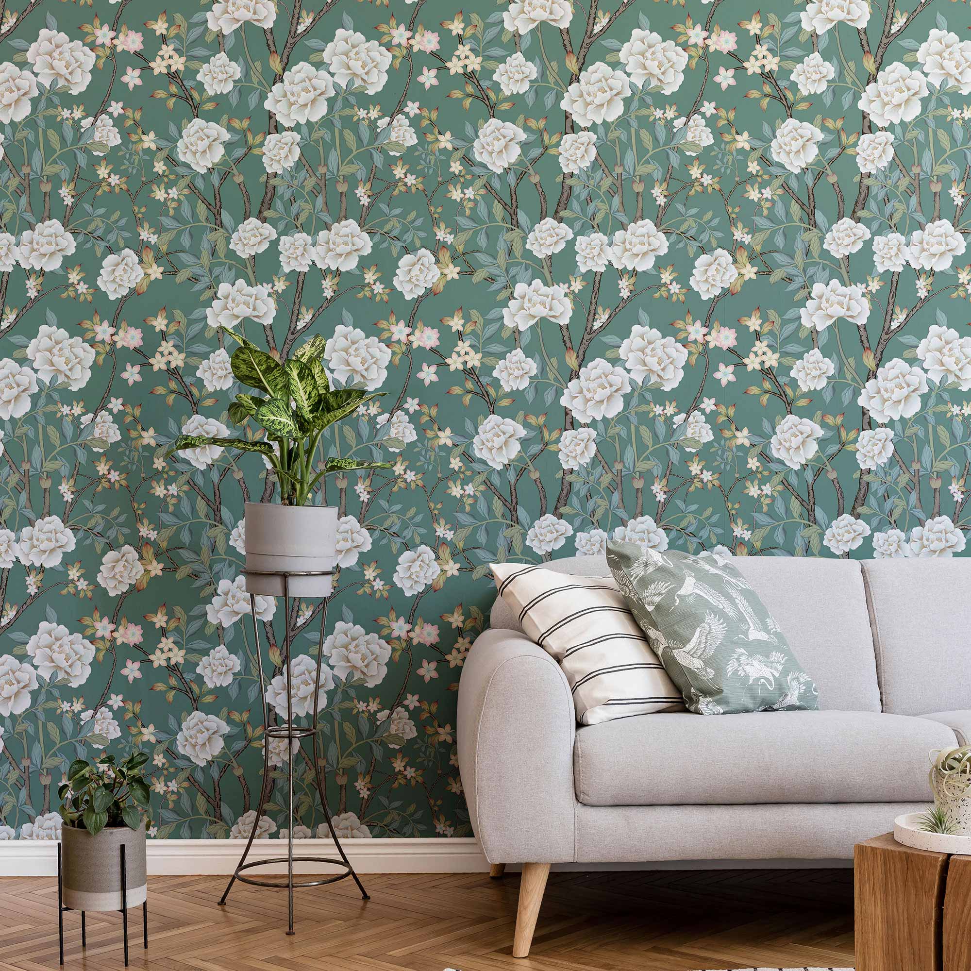 Green Flowers Peel and Stick Removable Wallpaper 2863 - Self-Adhesive Wall Decor for Bedroom, Living Room & Nursery - Easy DIY Home Decoration