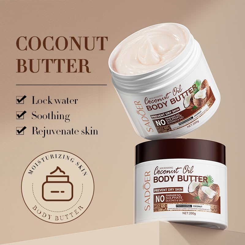 Organic Coconut Body Butter for Dry Skin - 24-Hour Deep Moisturizing Hand & Body Cream with Natural Coconut Oil for Smooth, Radiant Skin | Perfect for Daily Hydration, Winter Skin Care & Post-Shower Moisturizing
