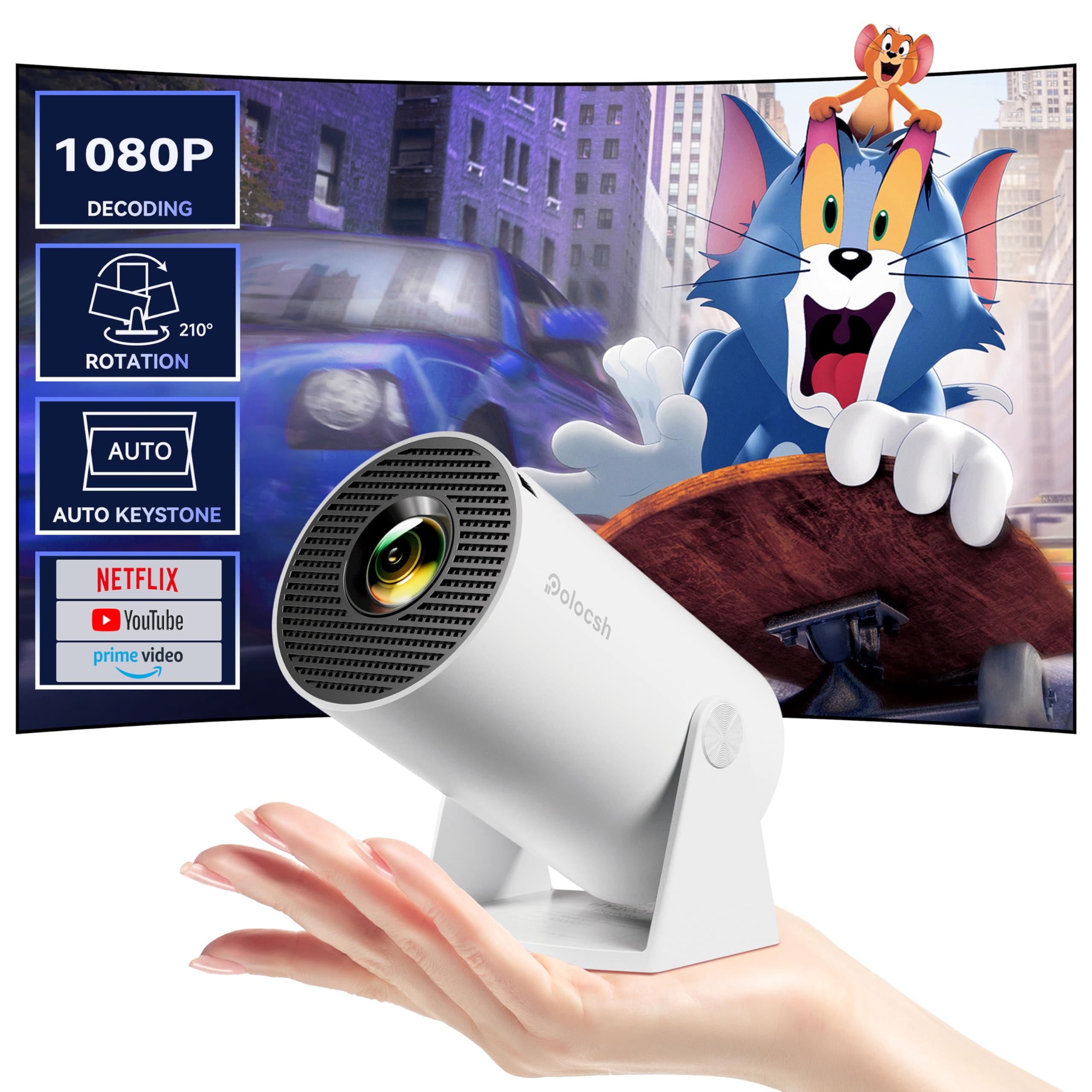 Portable Mini Projector with WiFi & Bluetooth - 210° Rotatable, Android TV 11.0, 1080P HD, Short Throw, Auto Keystone - Home Theater Projector for Movies, Gaming & Presentations - Compatible with Phone, PC, Laptop - Perfect for Indoor & Outdoor Use