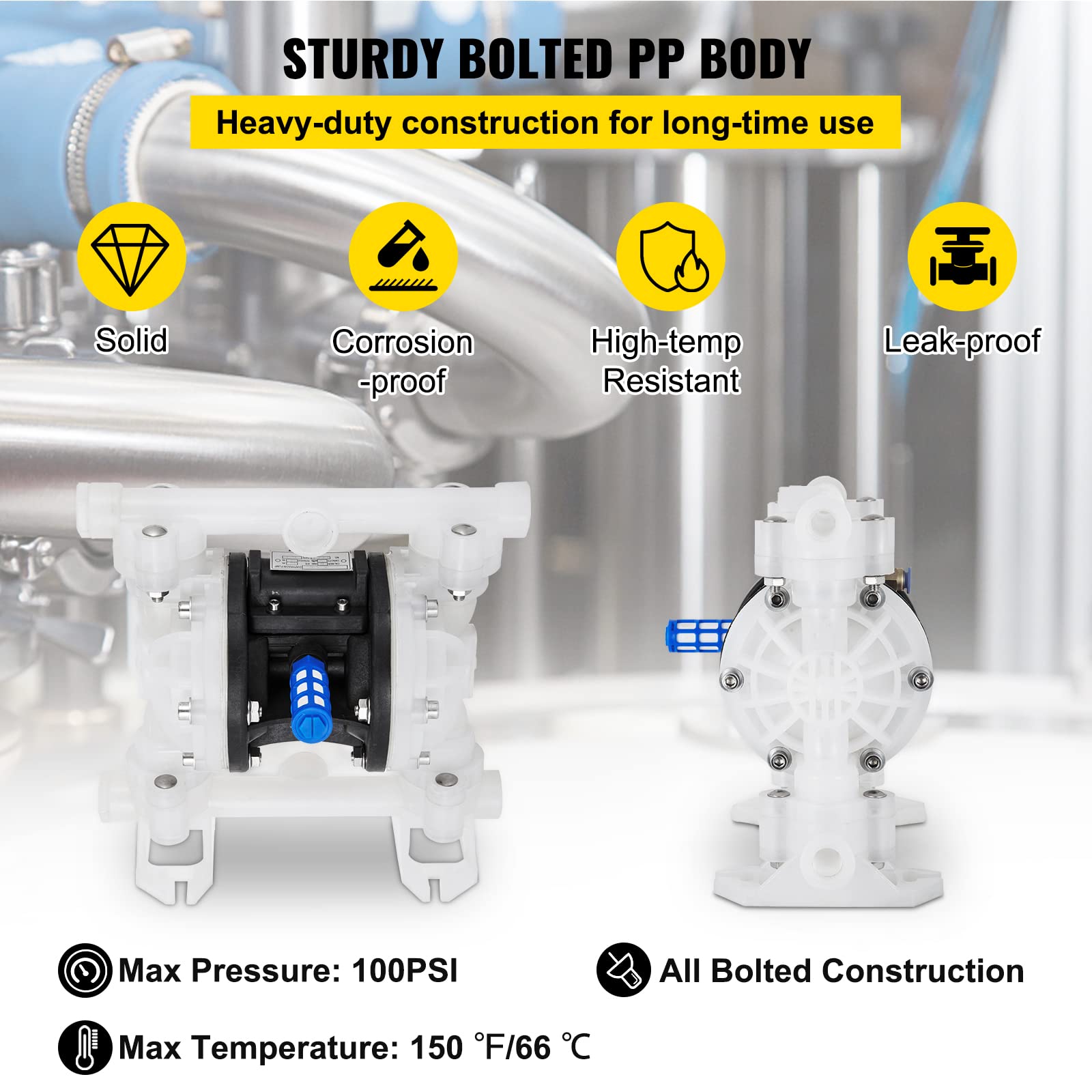 Happybuy 1/2 Inch Air-Operated Double Diaphragm Pump - 8.8 GPM, 120 PSI Max, Polypropylene Body with PTFE Diaphragm - Ideal for Transferring Petroleum, Diesel, Oil & Low Viscosity Fluids in Industrial, Automotive and Chemical Applications