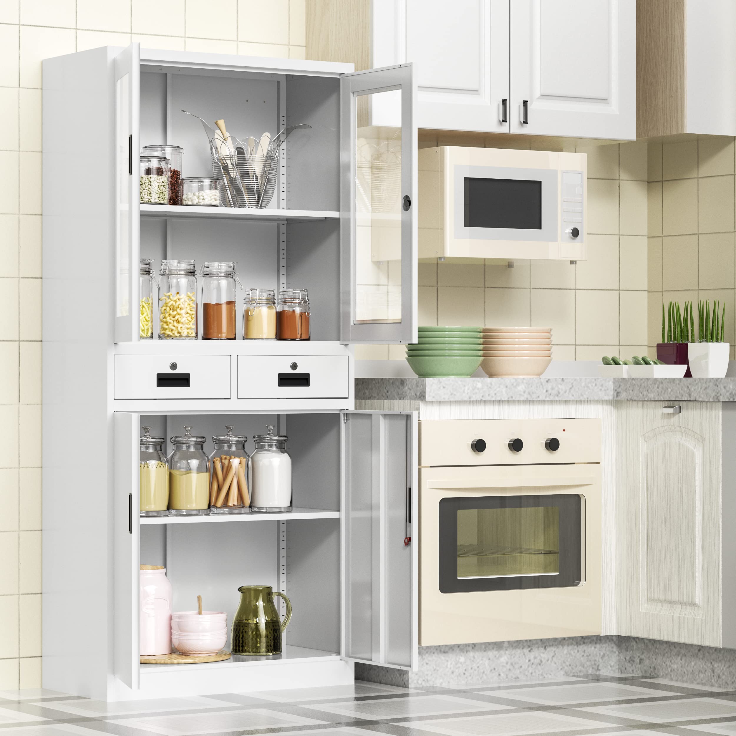71'' Tall White Metal Storage Cabinet with Locking Doors & Adjustable Shelves - Freestanding Glass Display Cabinet for Kitchen Pantry, Living Room, or Office Organization