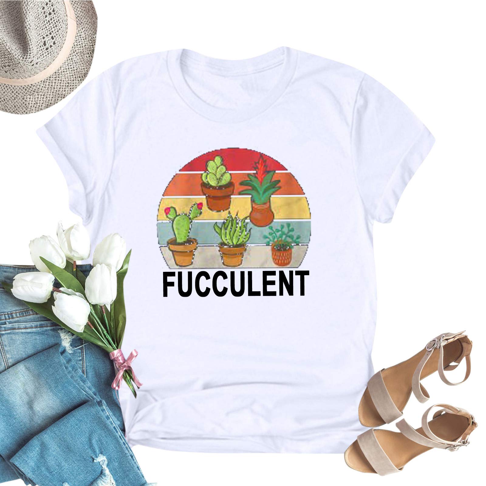 Women's Fashion Loose Cactus Print Round Neck Short Sleeve Blouse & Asymmetrical Cut Out Sleeveless Crop Tank Top Set - White (Small) | Casual Summer Outfit, Beach Wear, Boho Chic Style