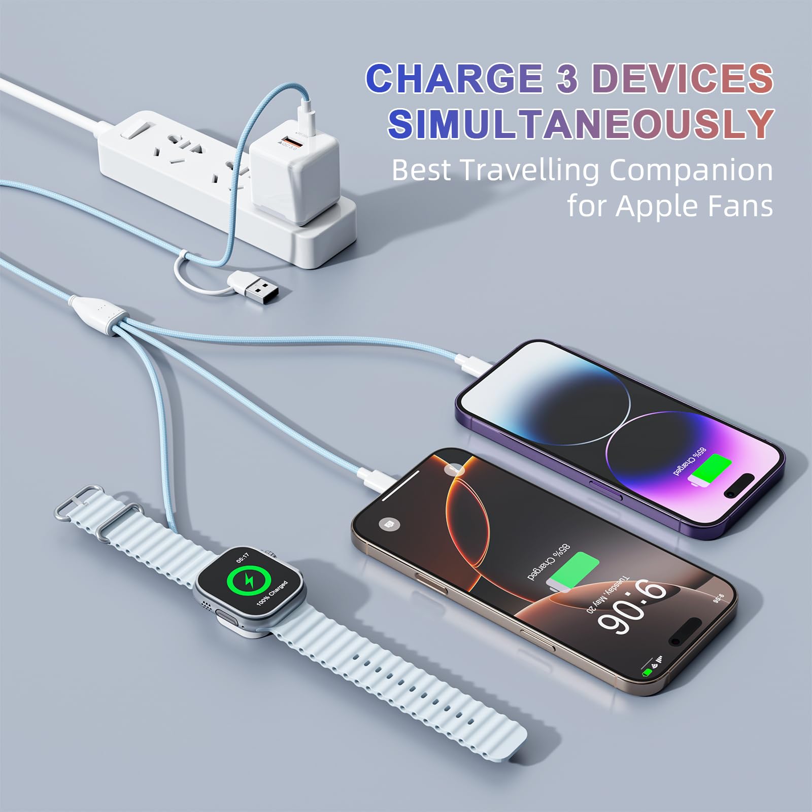 3-in-2 Magnetic Fast Charging Cable for Apple Watch & iPhone - Wireless Multi Charger for iPhone, Android, iWatch Ultra, iPad & AirPods (6FT/1.8M) - Perfect Travel Essential for All Devices