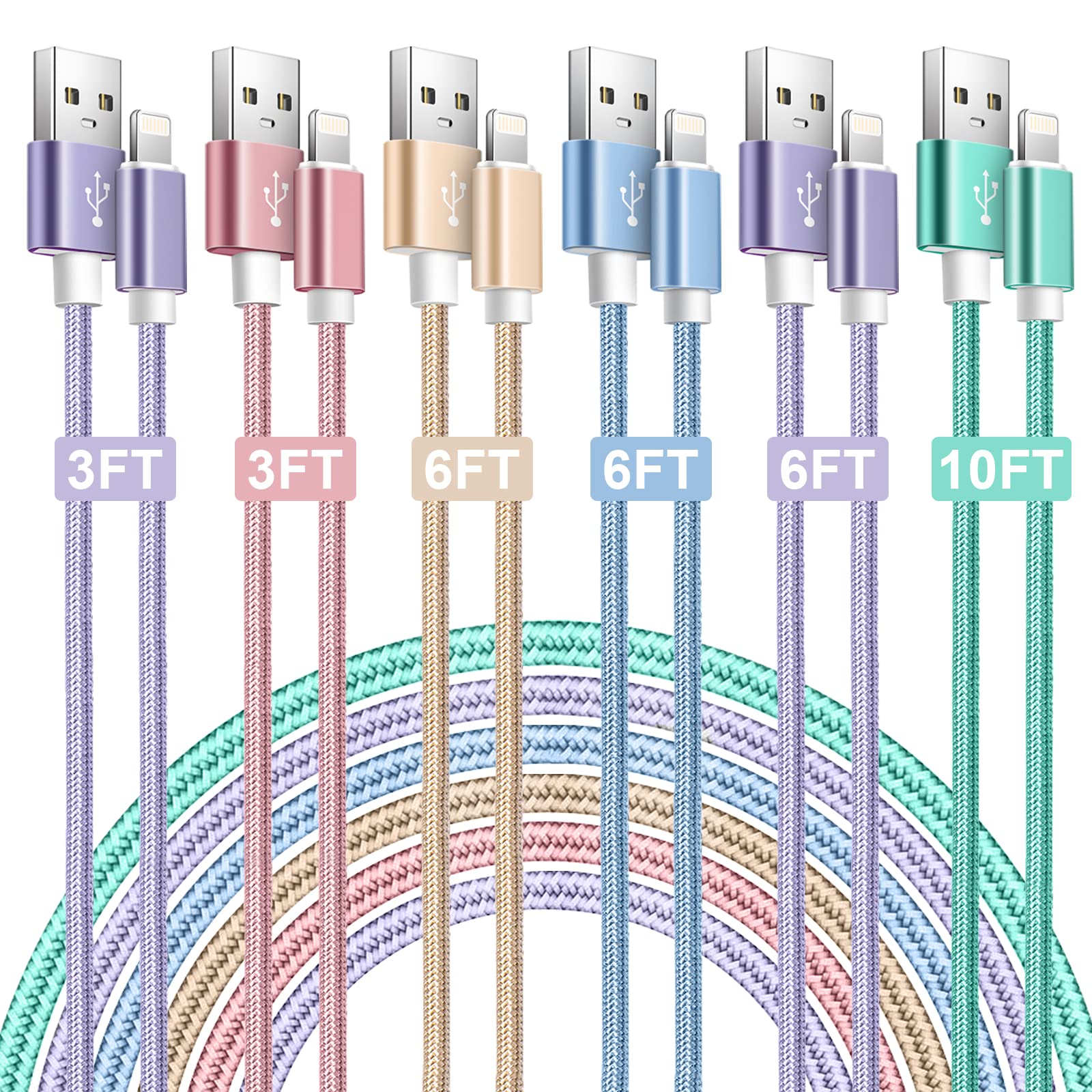 6-Pack Apple MFi Certified iPhone Lightning Cable - Nylon Braided Fast Charging Cord for iPhone 14 Pro/14/13/12/11/XS/XR/X/8/7/6 - Durable Charging Cable for Home, Office & Travel
