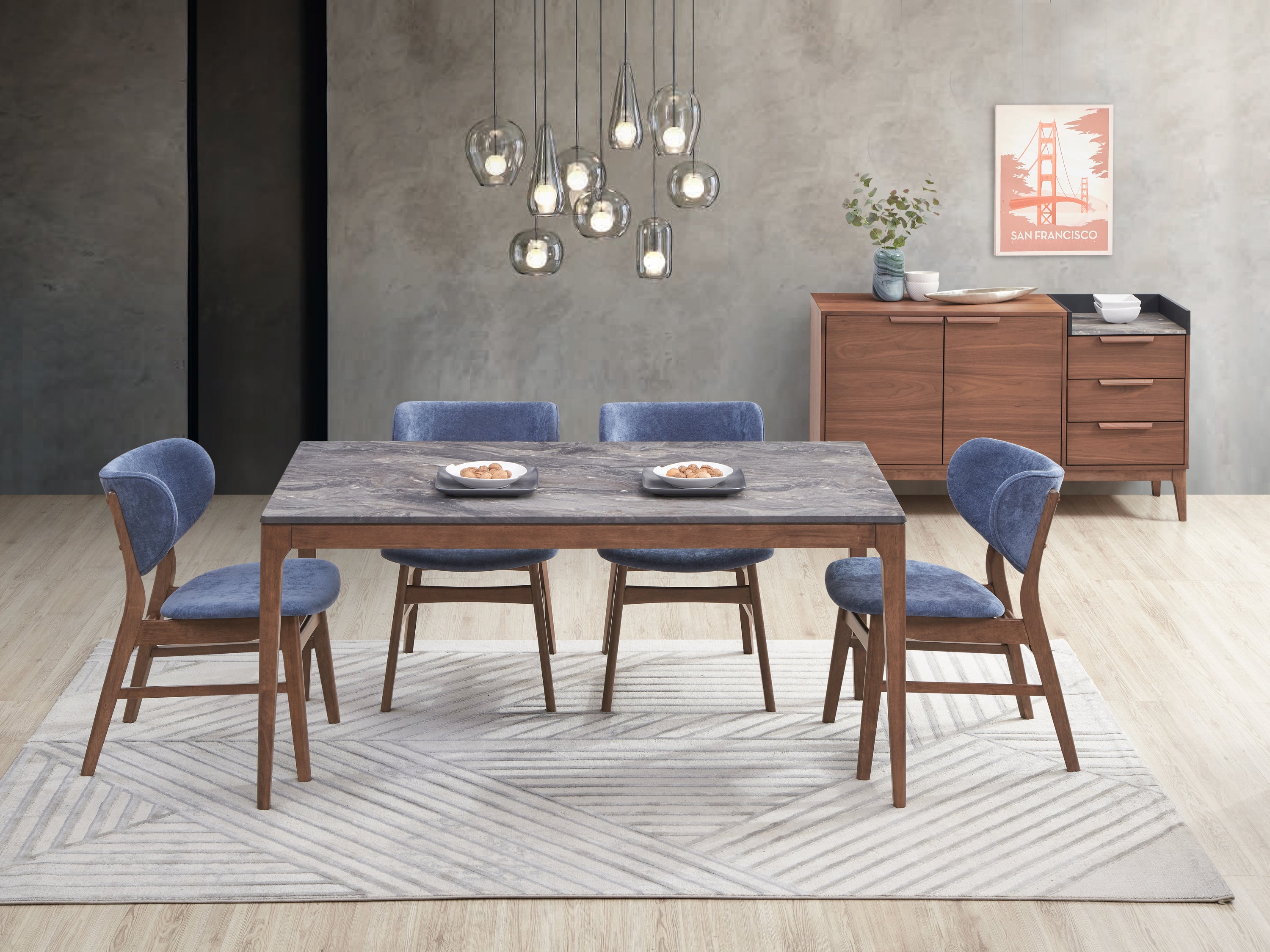 Blue and Walnut Padded Side Chairs (Set of 2) - Comfortable Dining Chairs for Kitchen, Living Room, or Office - Modern Upholstered Accent Chairs with Wooden Legs