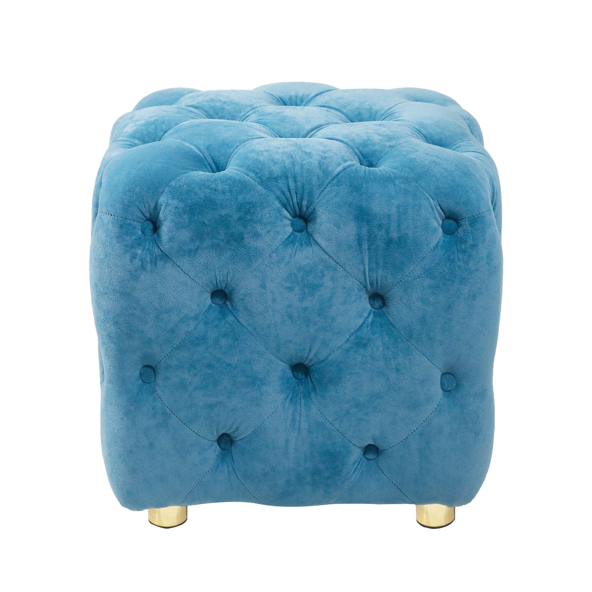 Blue Modern Velvet Upholstered Ottoman - Small End Table & Soft Foot Stool | Dressing Makeup Chair with Comfortable Seat for Living Room, Bedroom & Entryway | Perfect for Lounging, Storage & Home Decor
