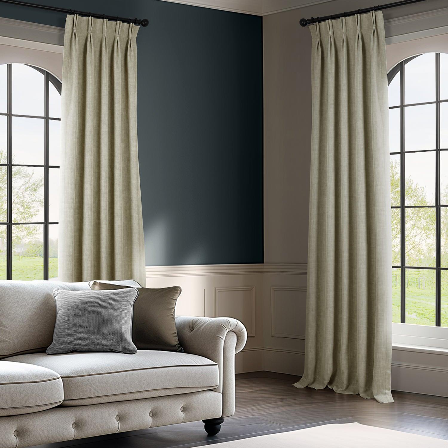 Oatmeal French Pleat Textured Faux Linen Blackout Curtains for Bedroom - Light Blocking Thermal Insulated Window Drapes for Living Room & Nursery