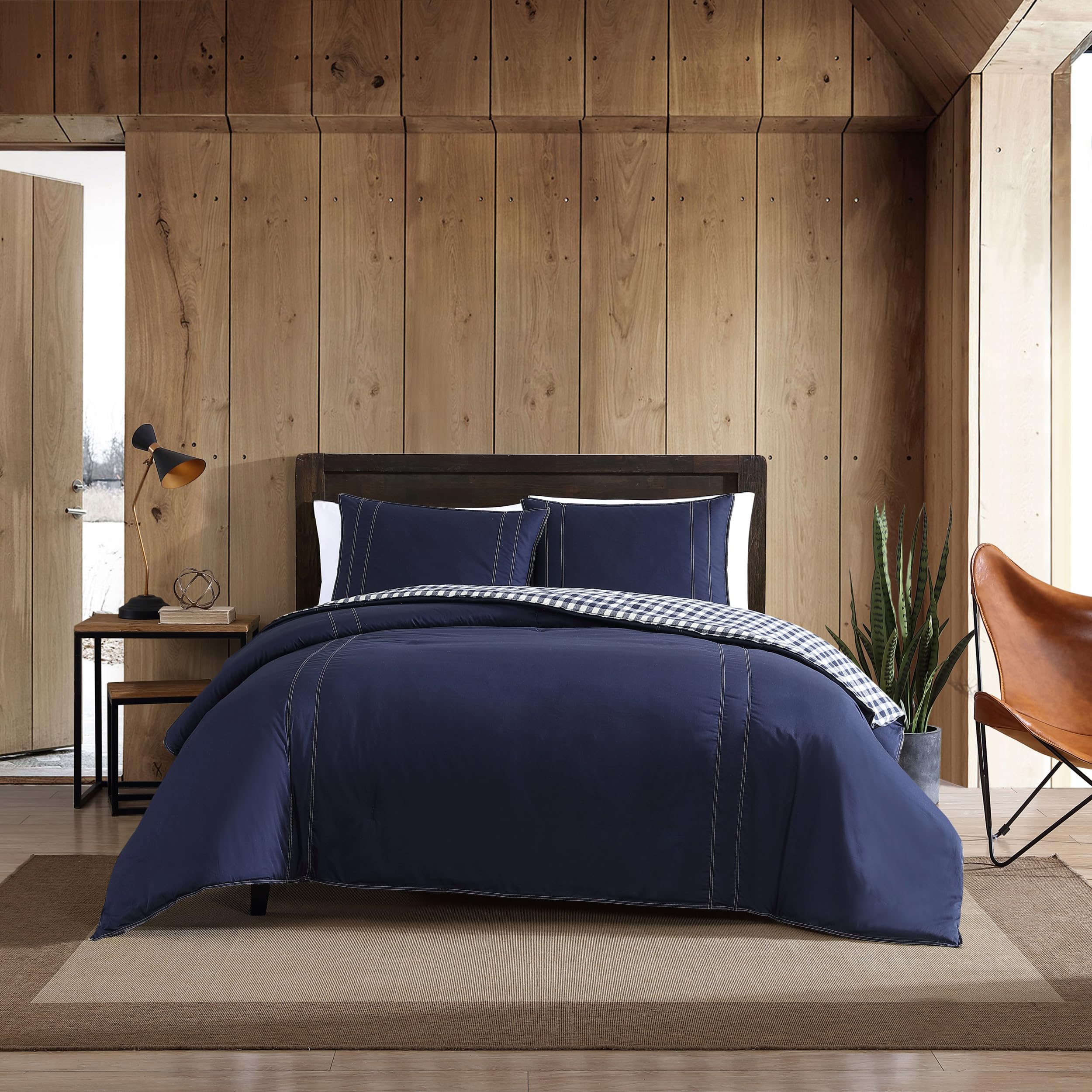 Eddie Bauer Reversible Queen Comforter Set - 100% Cotton Bedding with Matching Shams, Pre-Washed for Ultra Softness (Kingston Navy) | Cozy Home Decor for Bedroom & Guest Room
