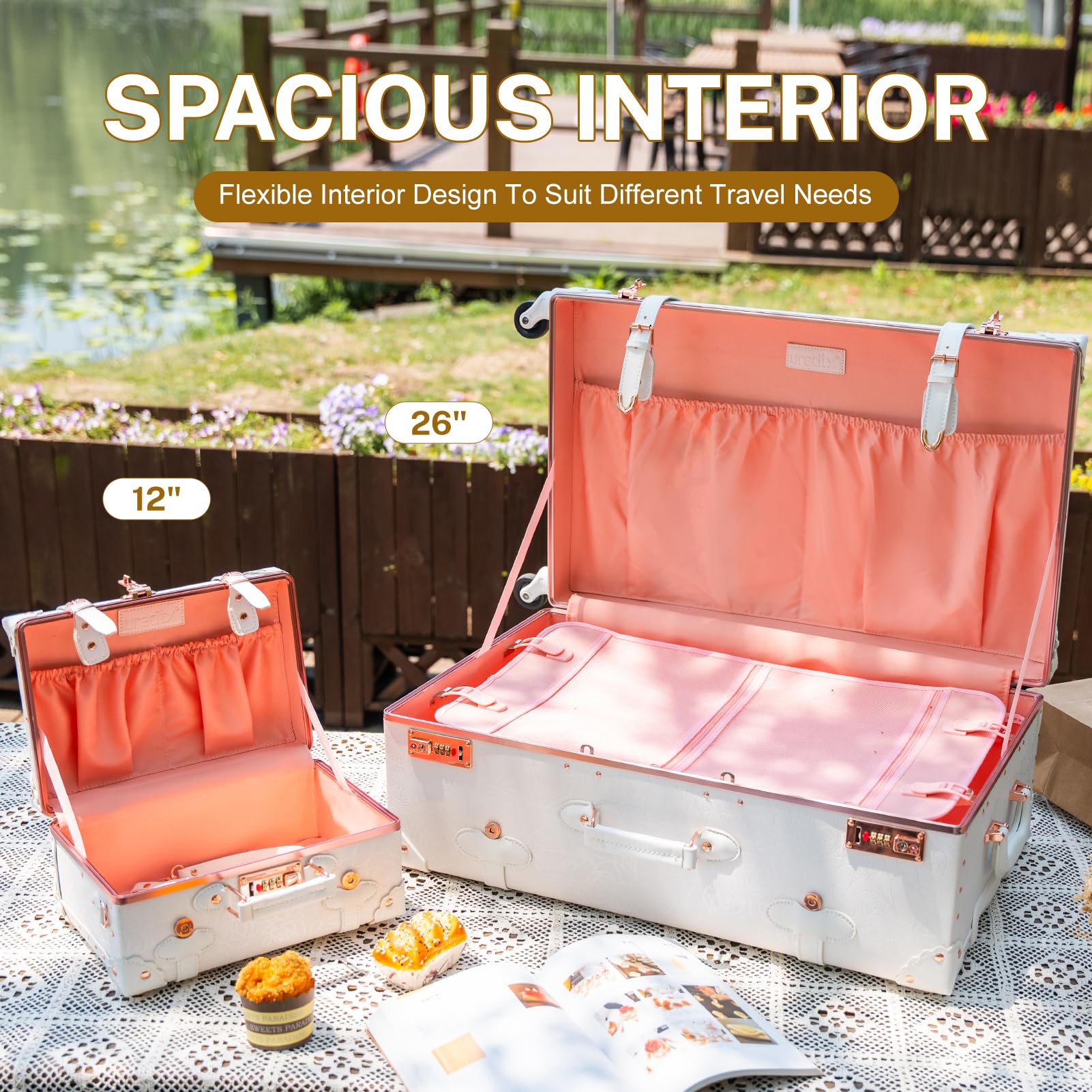 Urecity Vintage 3-Piece Hardside Lightweight Spinner Luggage Set - Retro Travel Suitcases with Under Seat Train Case (26