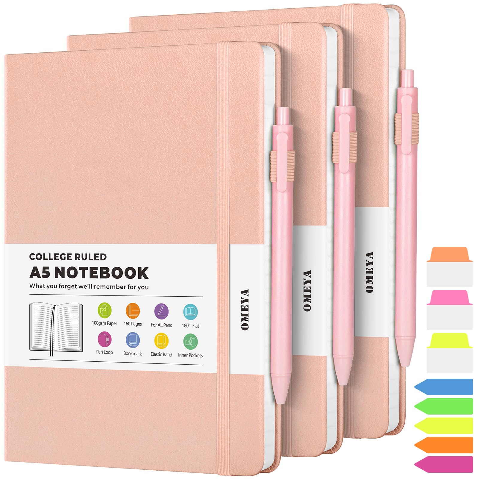 OMEYA 3-Pack A5 Lined Hardcover Notebooks with Pockets & Pen - 160 Pages College Ruled Journal for Work, School, Office - Premium 100GSM Thick Paper Leather Notebook for Women & Men (Pink) - Perfect for Business Meetings, Note Taking & Daily Planning