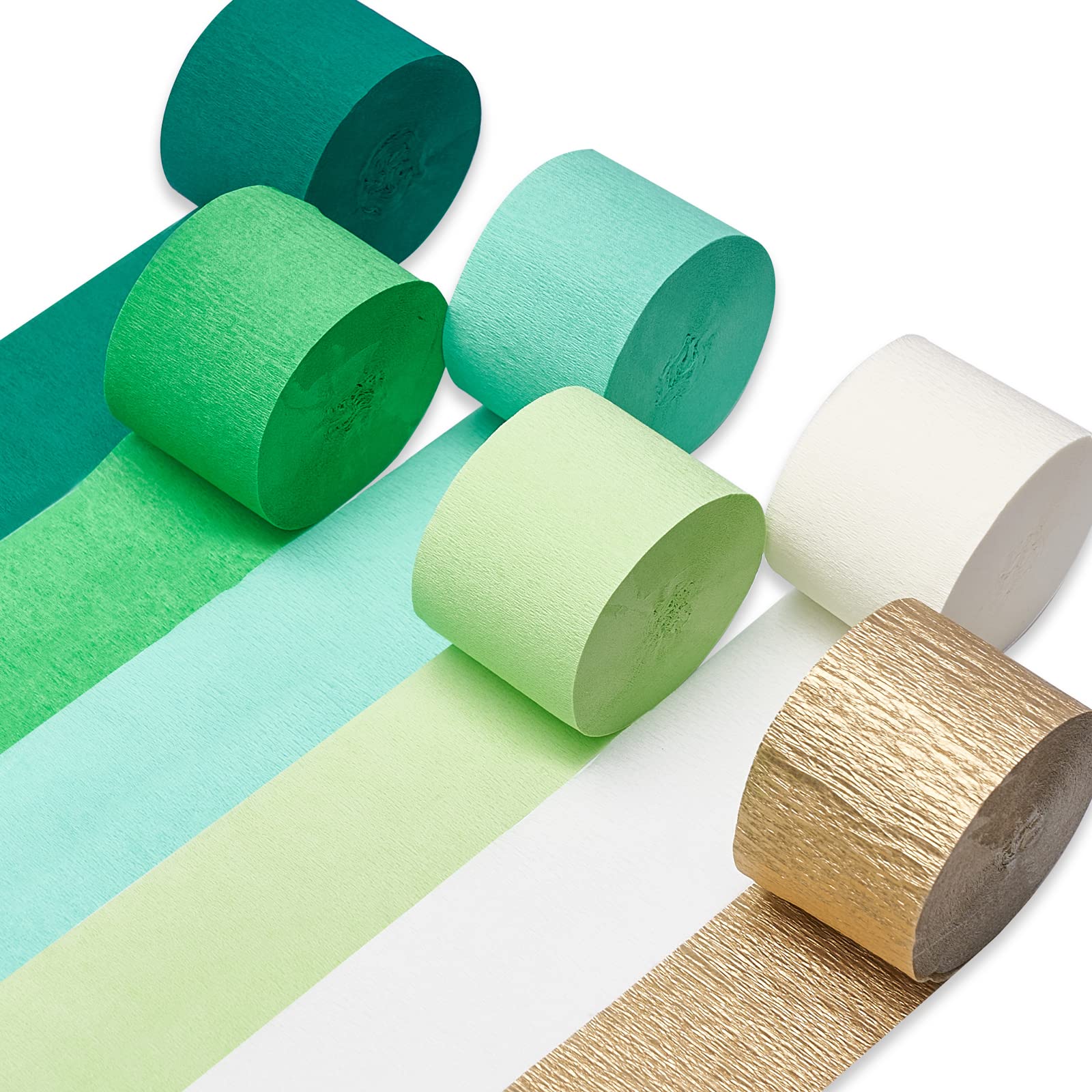 PartyWoo Crepe Paper Streamers - 6 Rolls (492ft) Lime Green, Dark Green, Mint Green & Gold - 1.8