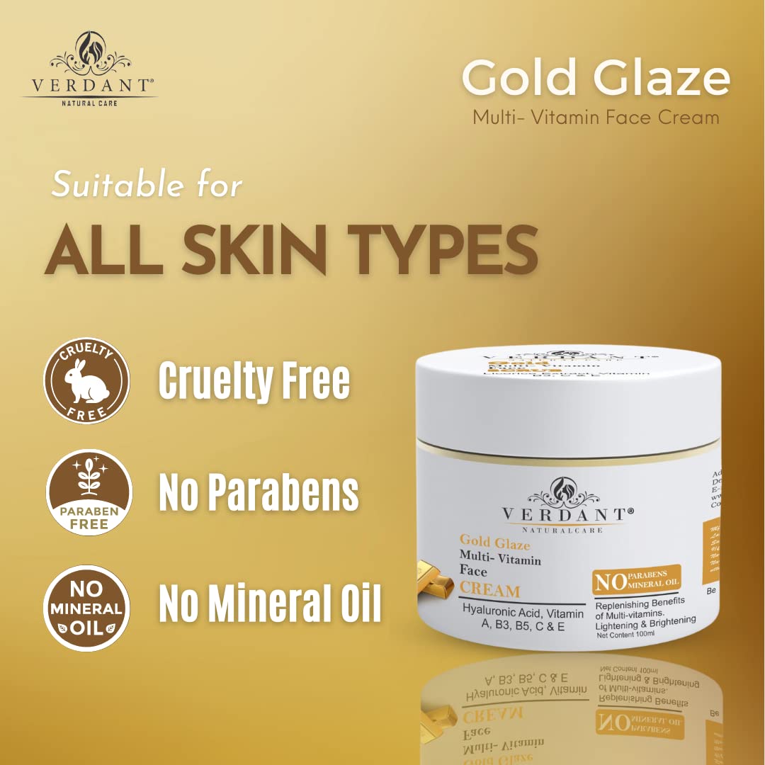 Verdant Gold Face Cream with Hyaluronic Acid & Vitamin A, B3 | Anti-Aging Moisturizer for Glowing Skin | Brightening & Hydrating Cream | Sulfate & Paraben Free | 100ml | Perfect for Night Routine & Dry Skin Care