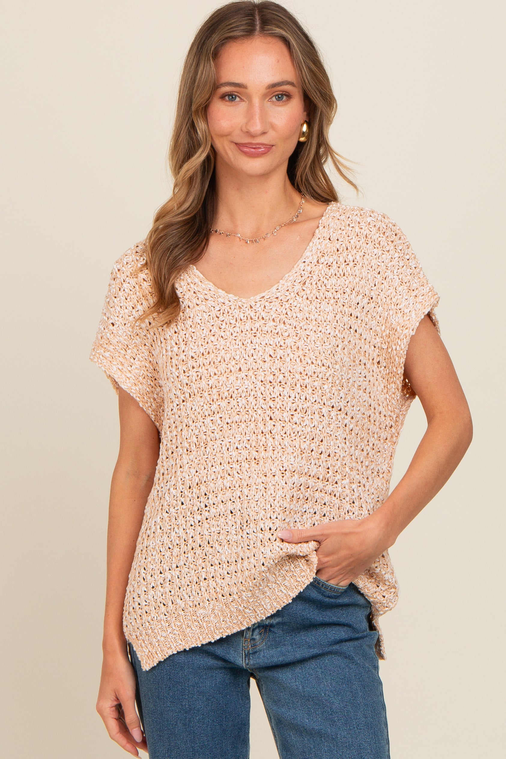 Beige V-Neck Maternity Sweater Top for Women - Soft & Comfortable Pregnancy Clothes for Nursing & Everyday Wear