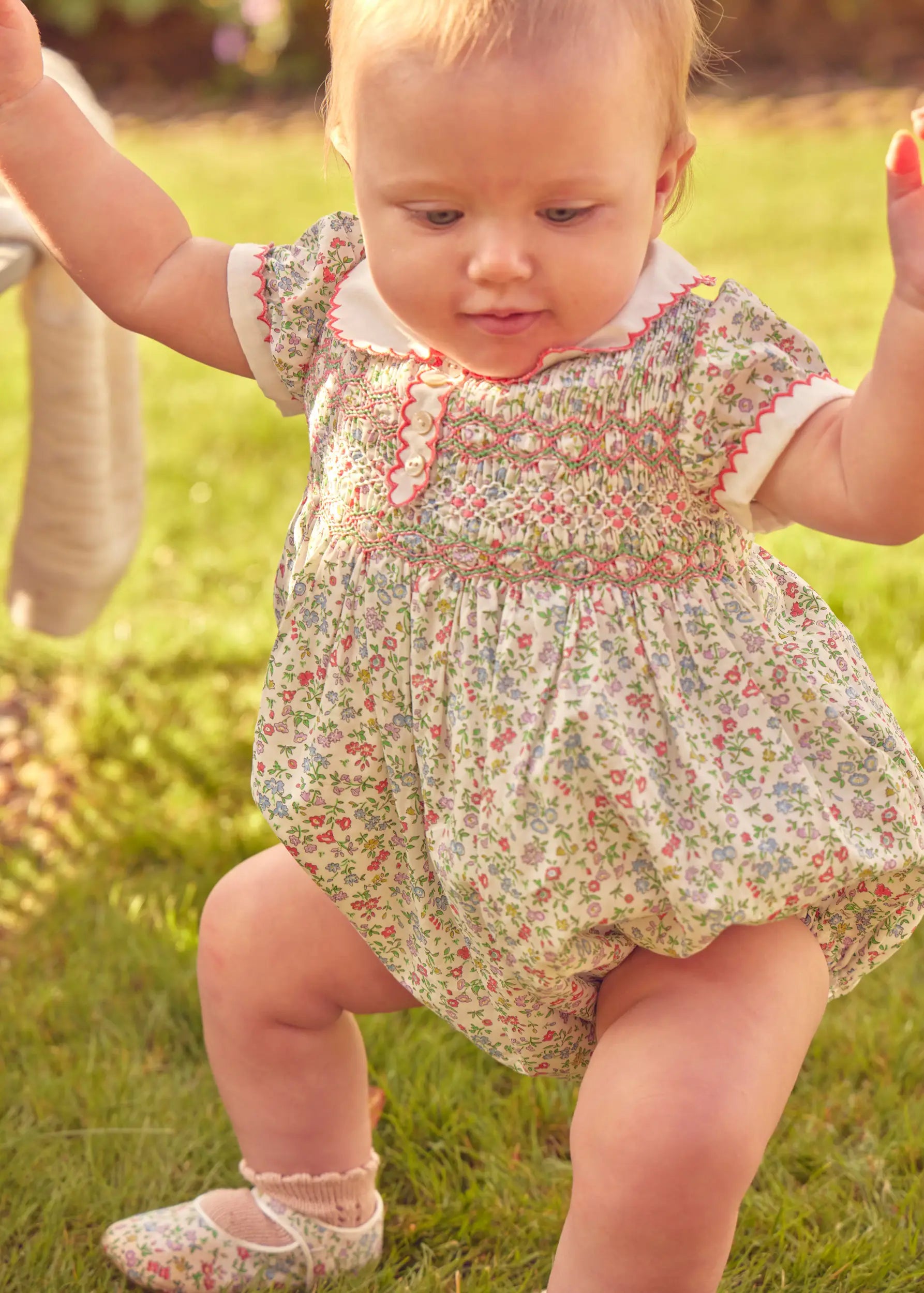 Liberty Fabric Floral Hand Smocked Short Sleeve Romper for Baby Girls (3 Months-2 Years) - Perfect for Spring Outfits, Photo Shoots & Special Occasions