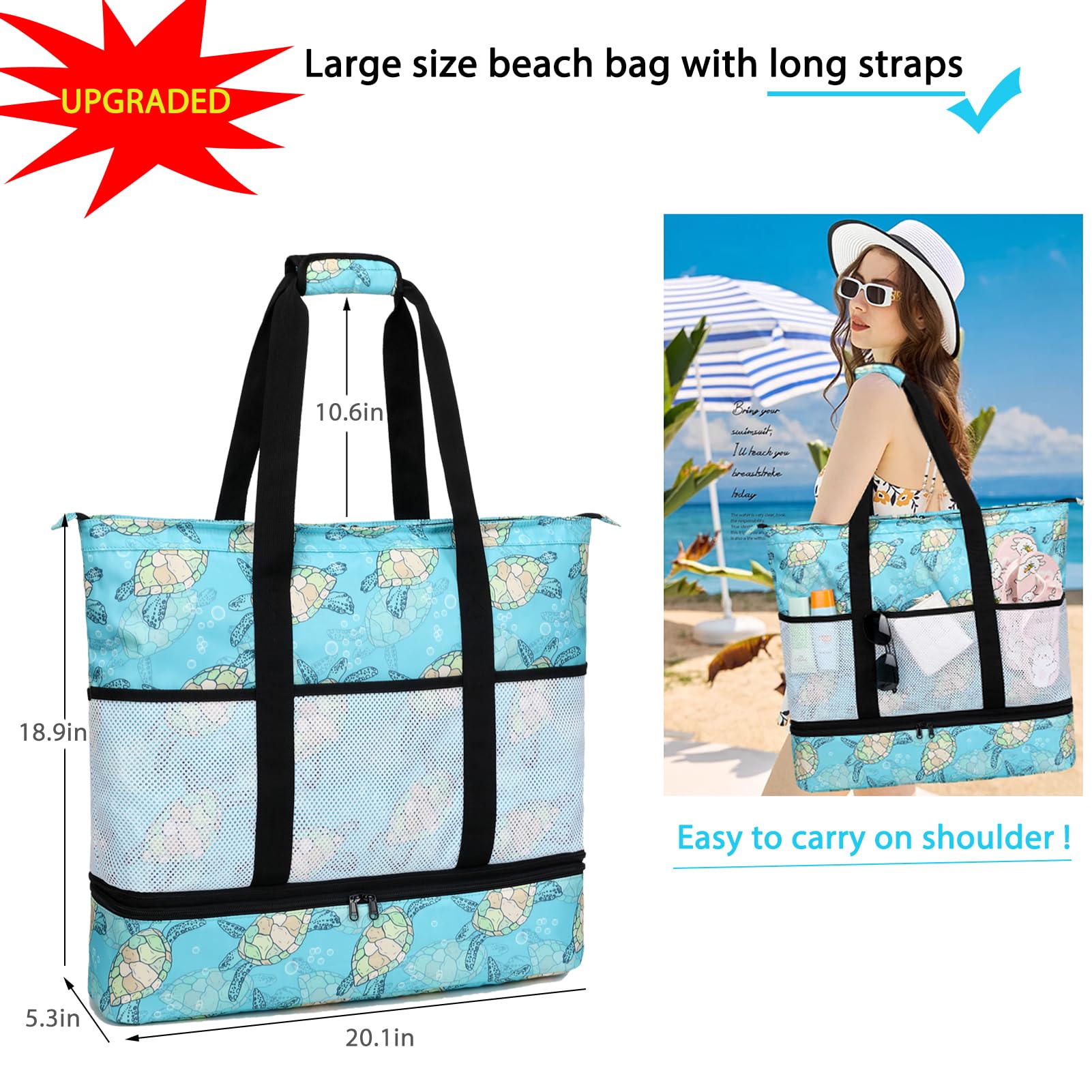 Octsky Waterproof Beach Tote Bag with Cooler - Large Sandproof Zipper Pool Bag for Women with 9 Pockets | Perfect for Beach Trips, Pool Parties & Summer Vacations