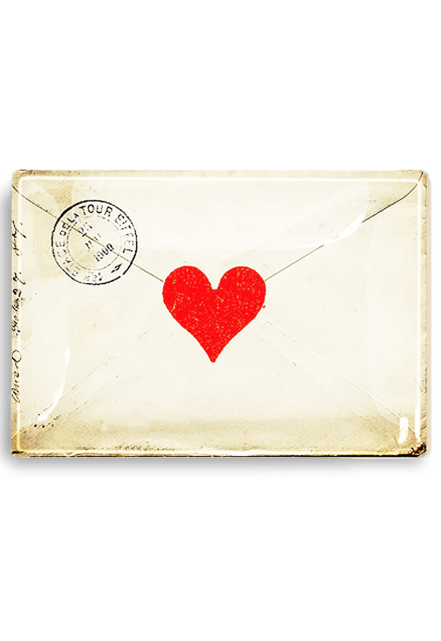French Envelope with Heart Decoupage Glass Tray - Elegant Serving Tray for Tea Parties, Wedding Decor, and Home Decoration