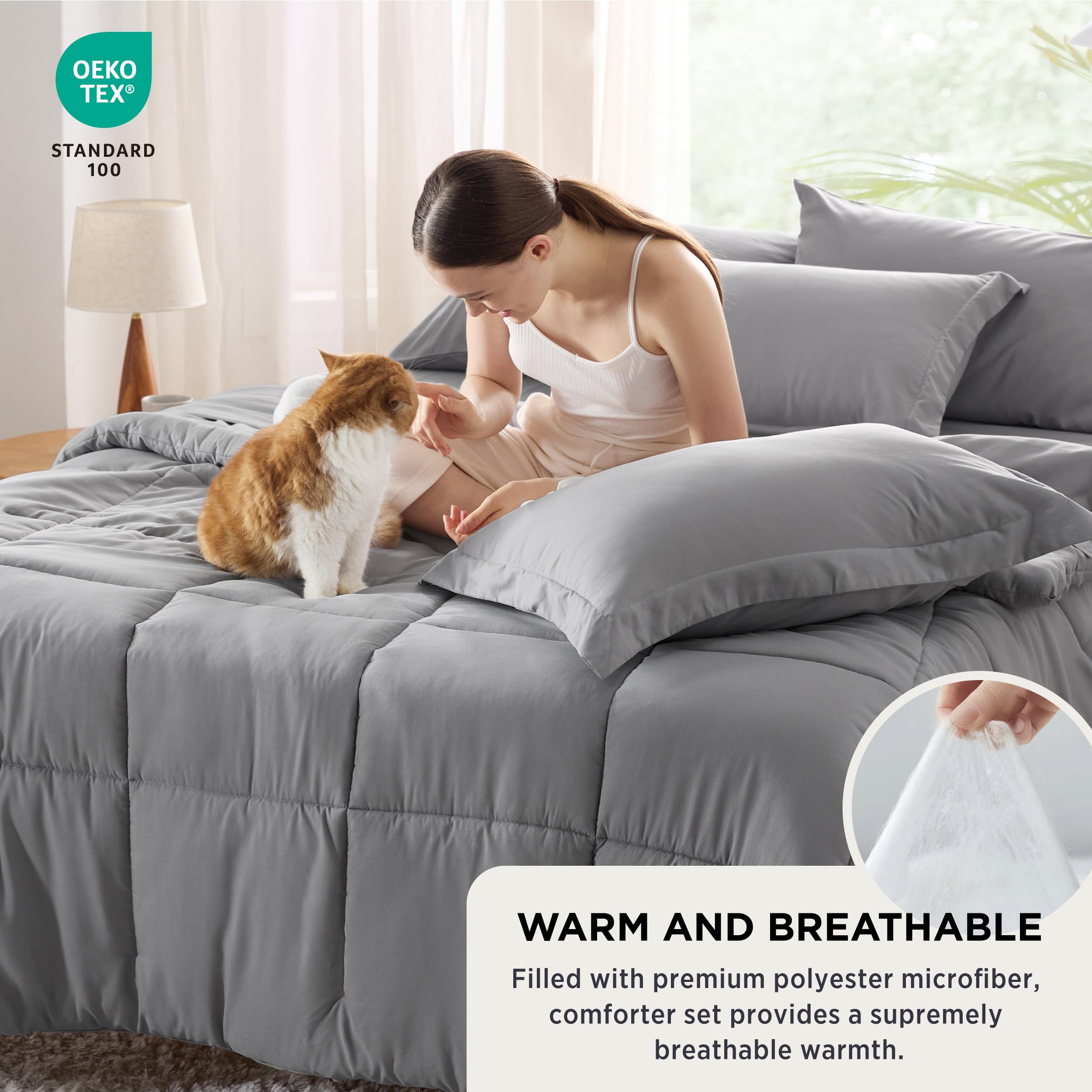 Bedsure Grey 7-Piece Full Comforter Set - Soft Solid Bed in a Bag Includes Comforter, Sheets, Pillowcases & Shams | Perfect for Cozy Bedroom, Guest Room & Dorm Essentials