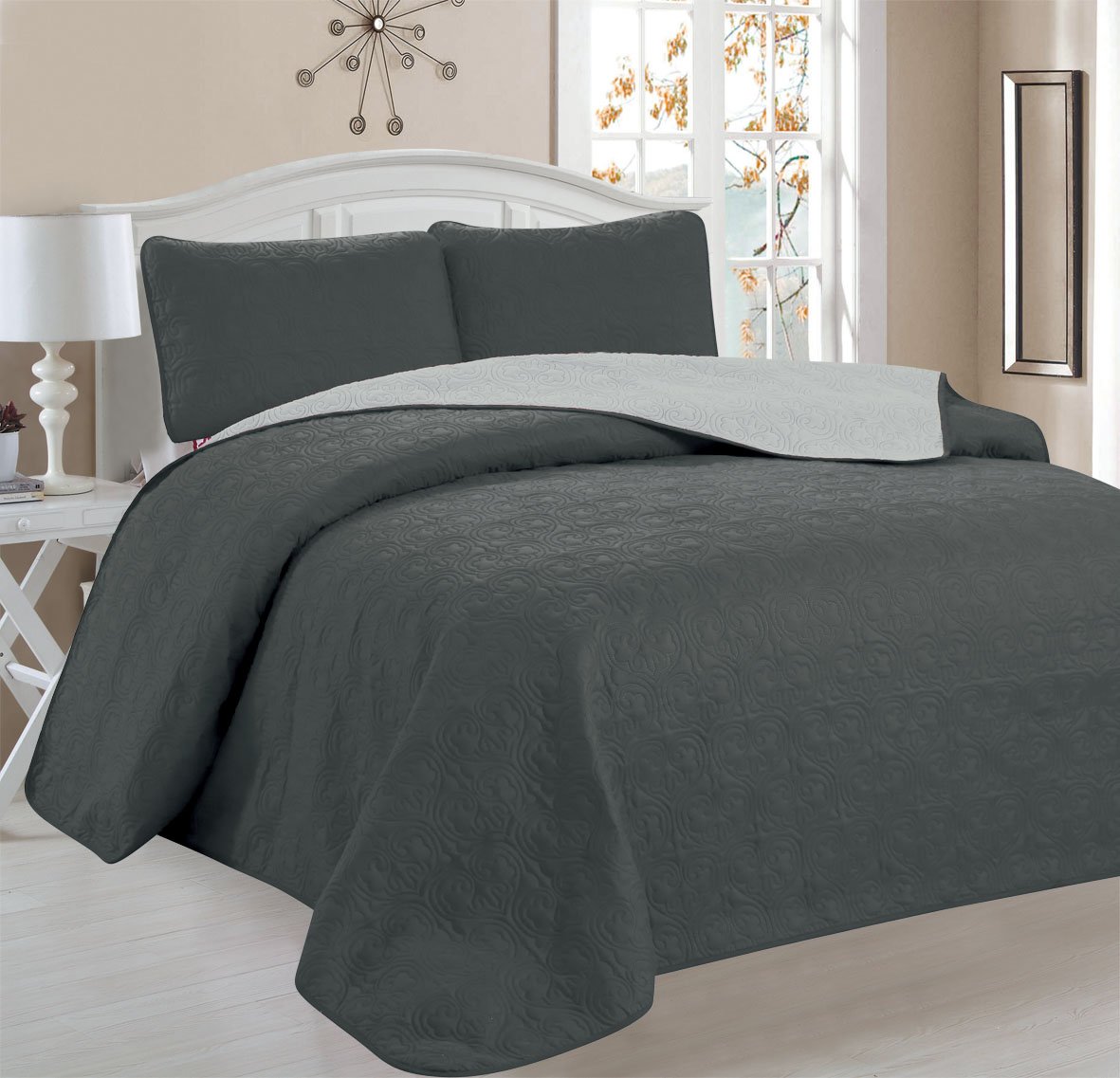 BH Home & Linen 3-Piece Reversible Embroidered Quilted Bedding Set - 1 Quilt & 2 Shams, Queen Size, Gray/Silver - Perfect for Master Bedroom, Guest Room & Cozy Winter Nights