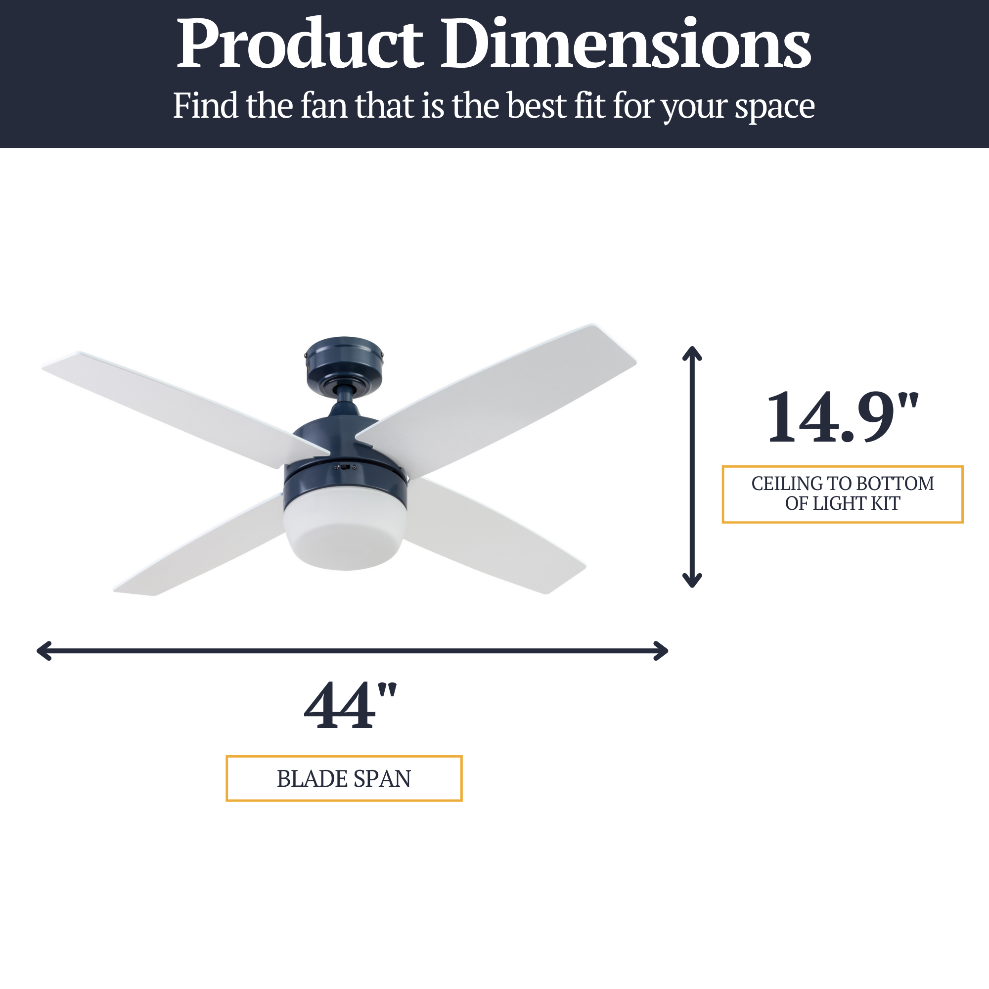 44 Inch Atlas Ceiling Fan with Remote Control - Sapphire Blue - Perfect for Living Room, Bedroom, and Office Spaces