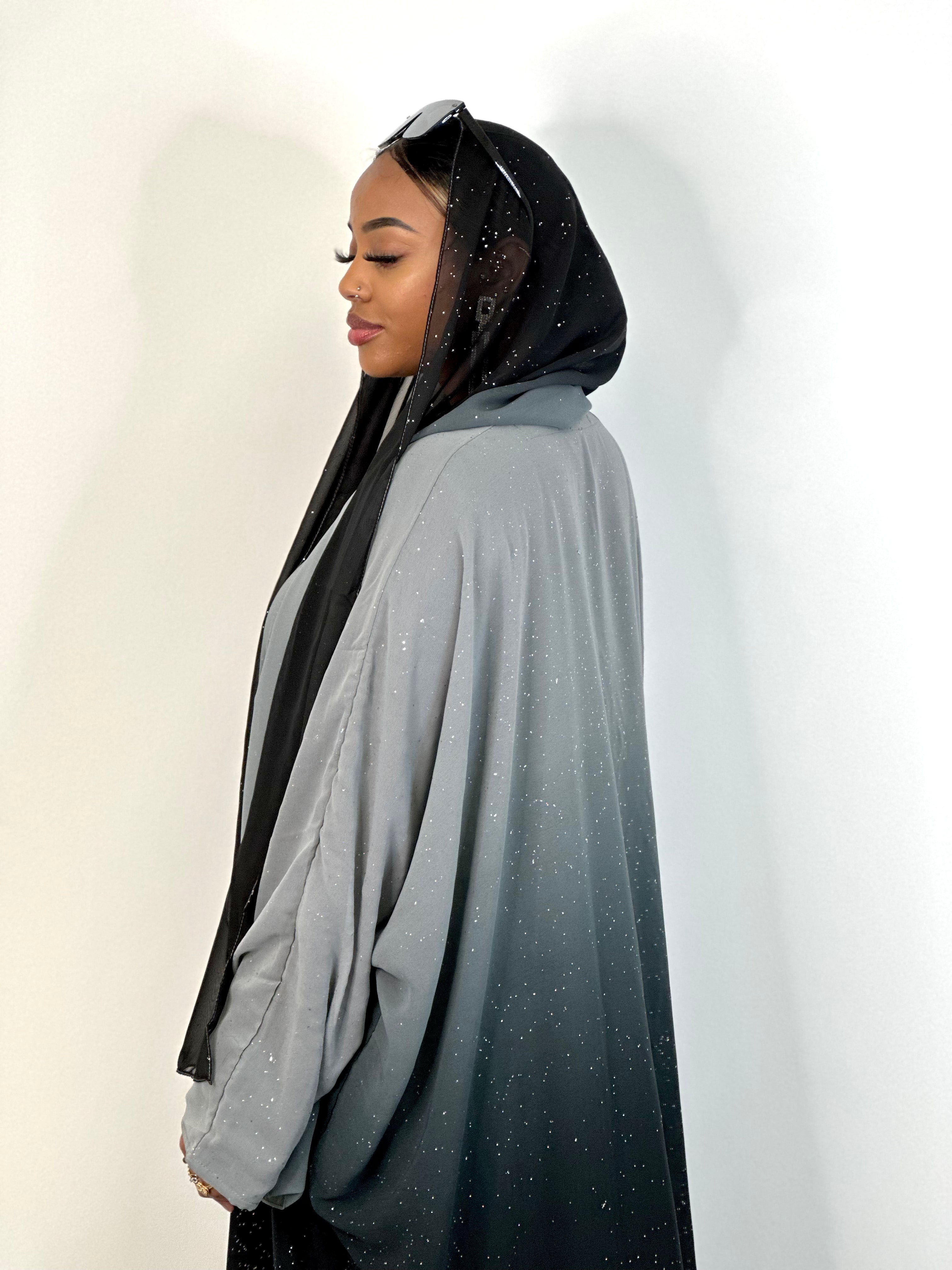 Elegant Grey Ombré Stars Abaya - Stylish Islamic Dress for Women - Perfect for Prayer, Eid, and Special Occasions