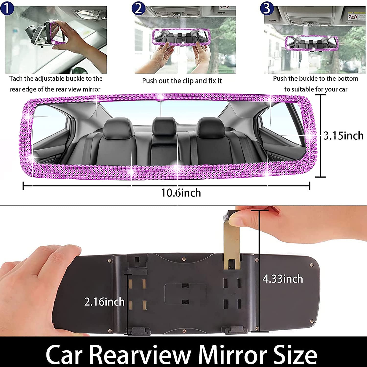 Pink Diamond Bling Rear View Mirror Cover & 2PCS Car Seat Hooks - Universal Car Accessories for Women & Girls | Perfect for Car Interior Decoration & Gift Giving